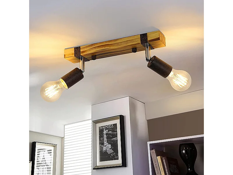 NETTLIFE Spot de plafond rétro 2 lampes dimmable avec poutre en bois, LED orientable, interchangeable