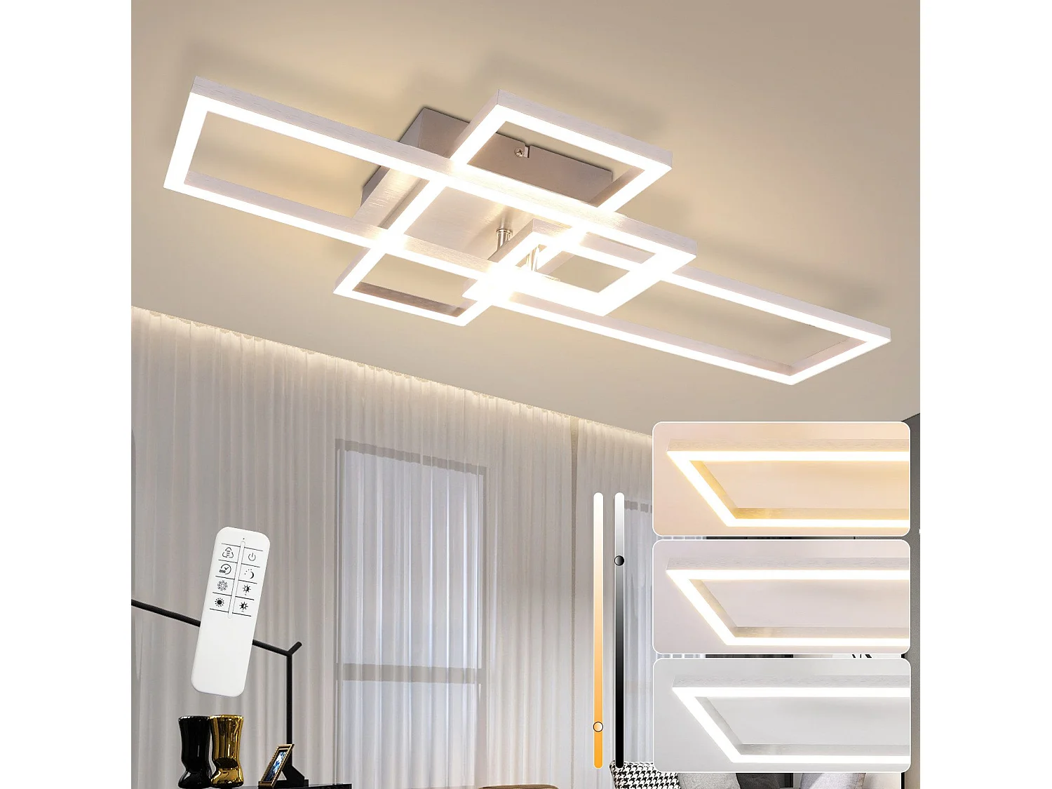 NETTLIFE Plafonnier LED Chambre Argent Dimmable 64CM 36W Géométrique Salon avec Télécommande