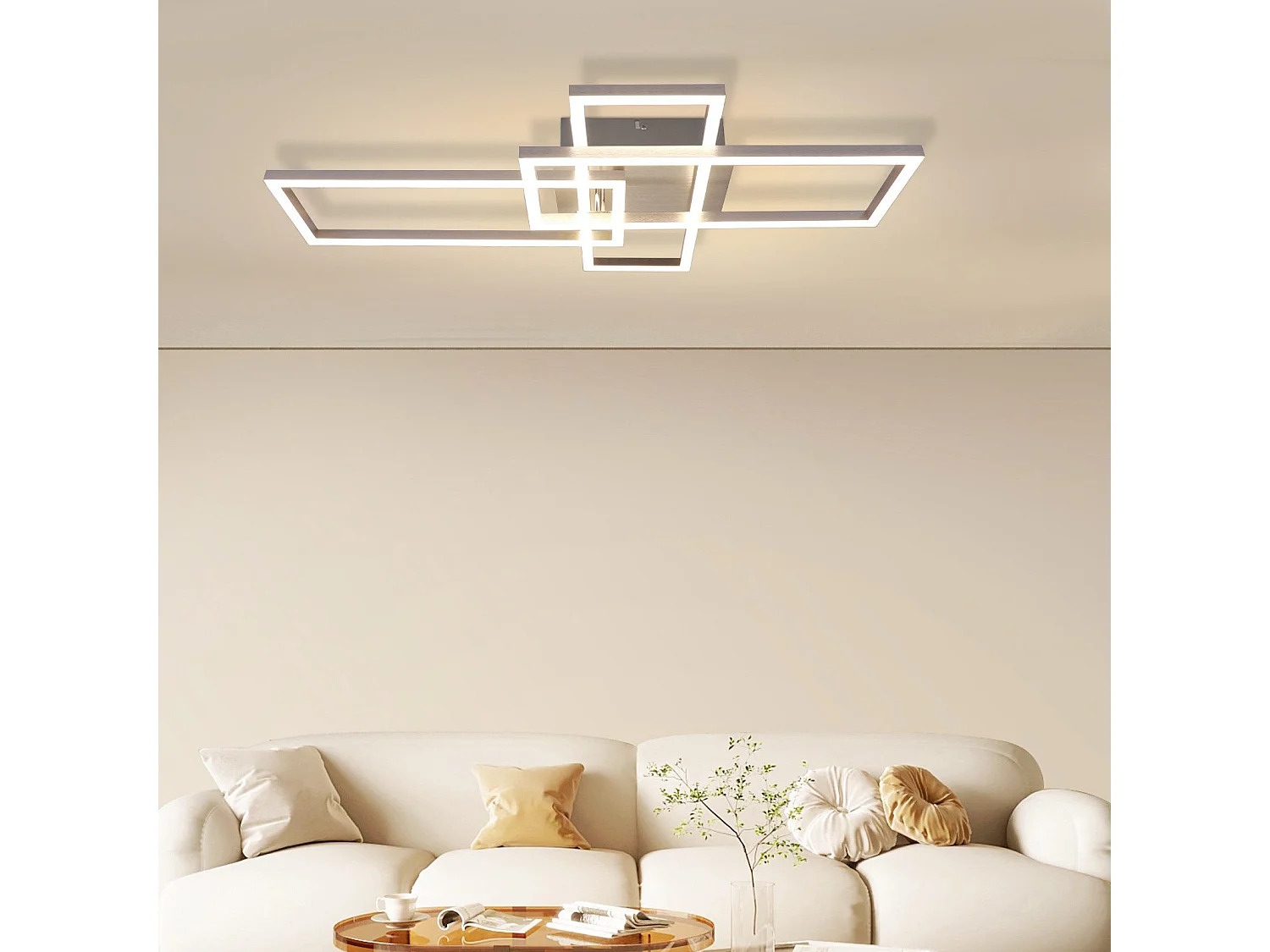 NETTLIFE Plafonnier LED Chambre Argent Dimmable 64CM 36W Géométrique Salon avec Télécommande