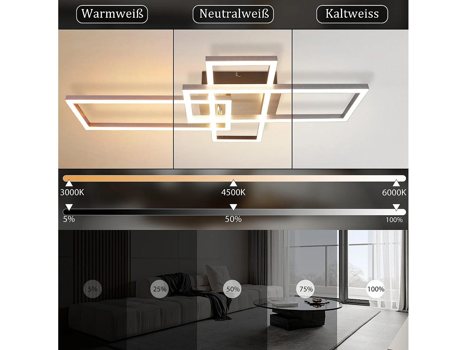 NETTLIFE Plafonnier LED Chambre Argent Dimmable 64CM 36W Géométrique Salon avec Télécommande