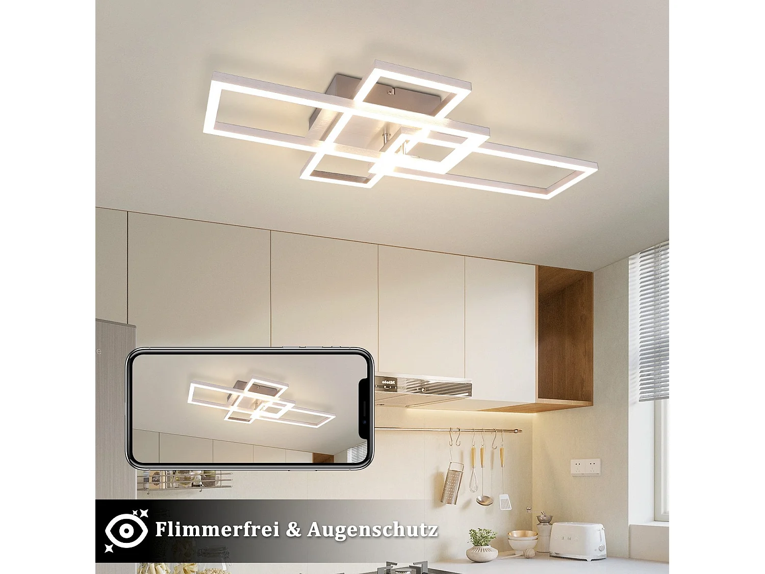 NETTLIFE Plafonnier LED Chambre Argent Dimmable 64CM 36W Géométrique Salon avec Télécommande