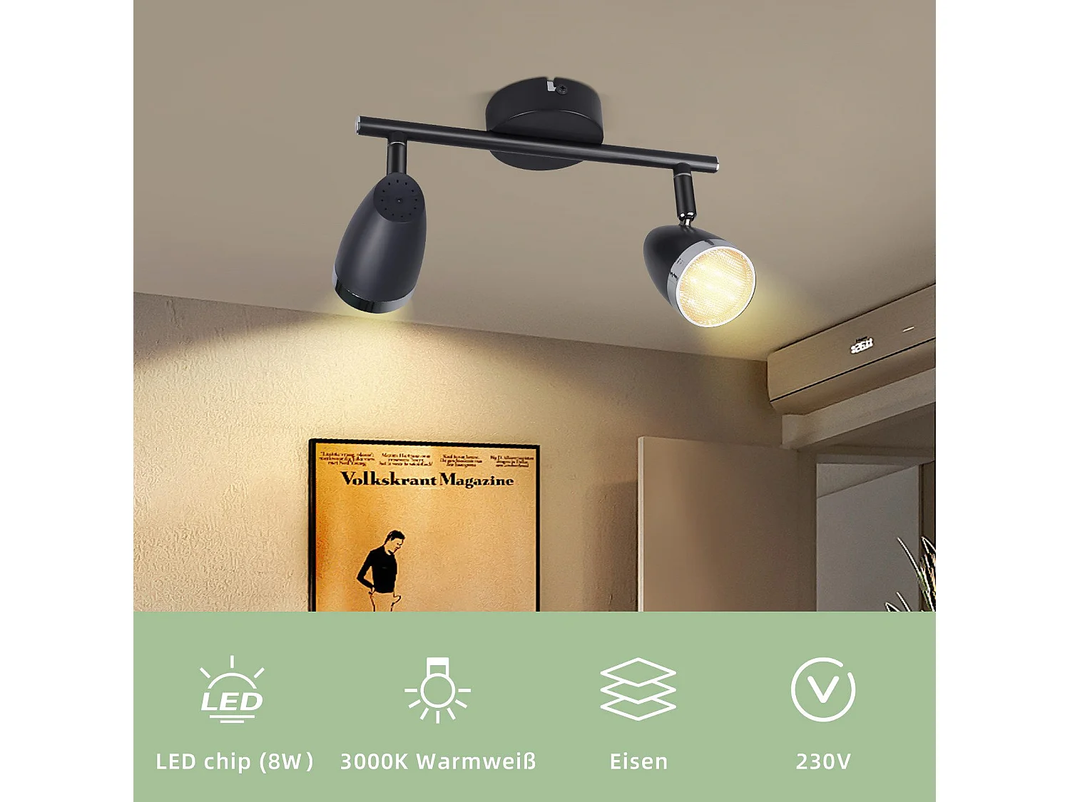 NETTLIFE Spot de plafond LED 2 ampoules moderne 4W noir 3000K orientable 350°