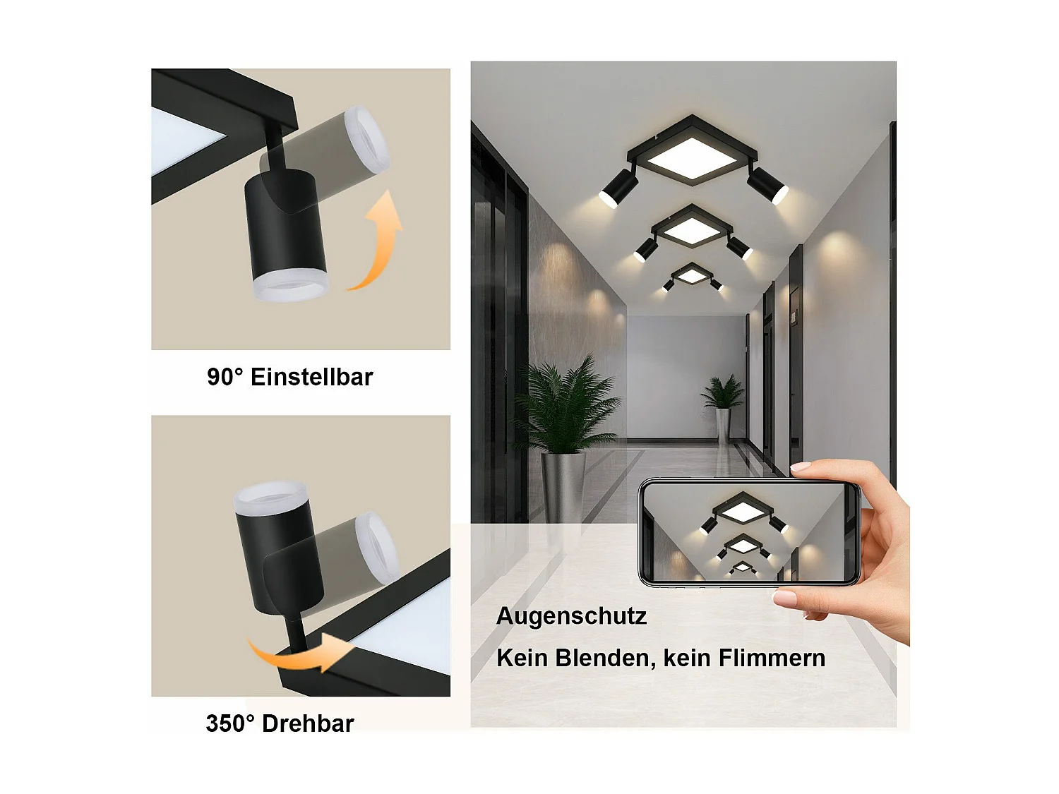 NETTLIFE Foco de techo cuadrado GU10 3000k blanco cálido 20W Lámpara de dormitorio ajustable 350° Blanco cálido