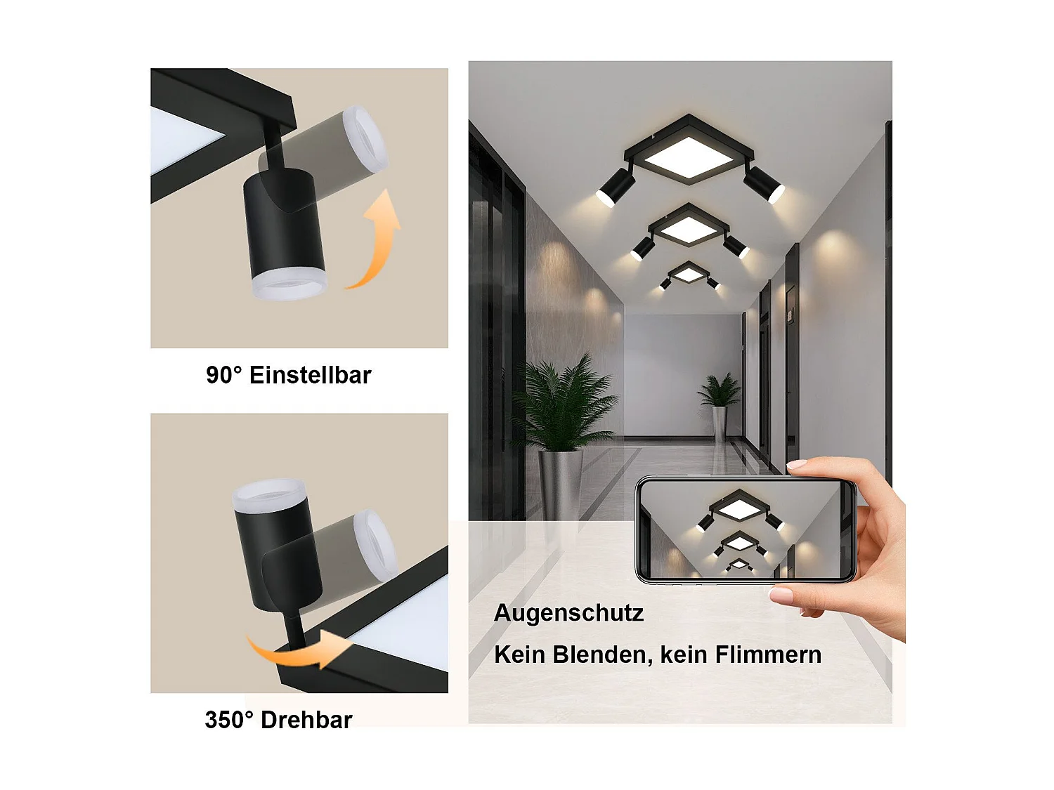 NETTLIFE Kwadratowy reflektor sufitowy GU10 3000k Ciepła biel 20W Lampa do sypialni Regulowana 350° Ciepła biel