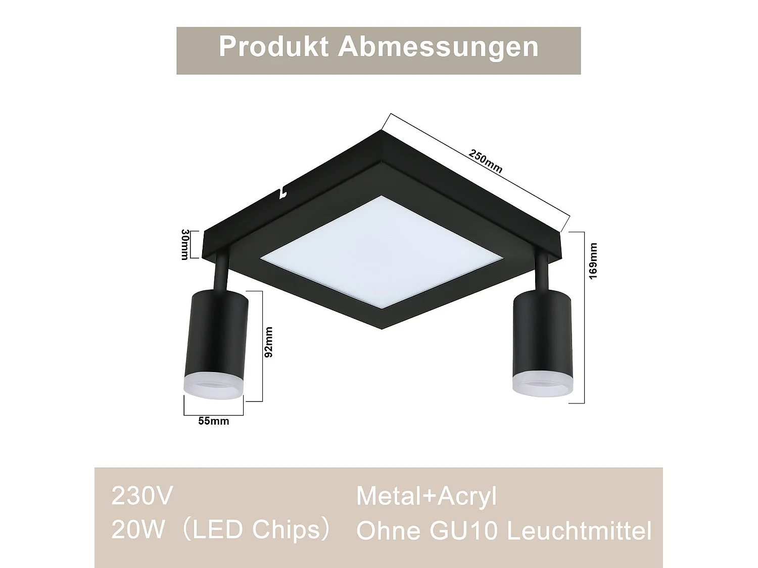 NETTLIFE Spot de plafond carré GU10 3000k blanc chaud 20W lampe de chambre orientable 350° blanc chaud