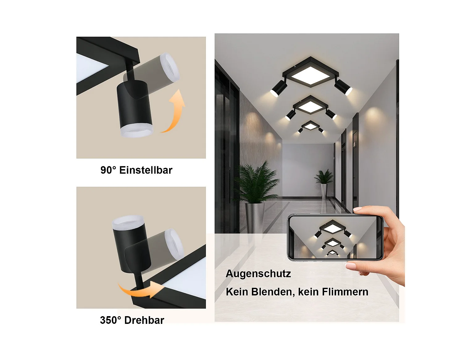 NETTLIFE Spot de plafond carré GU10 3000k blanc chaud 20W lampe de chambre orientable 350° blanc chaud