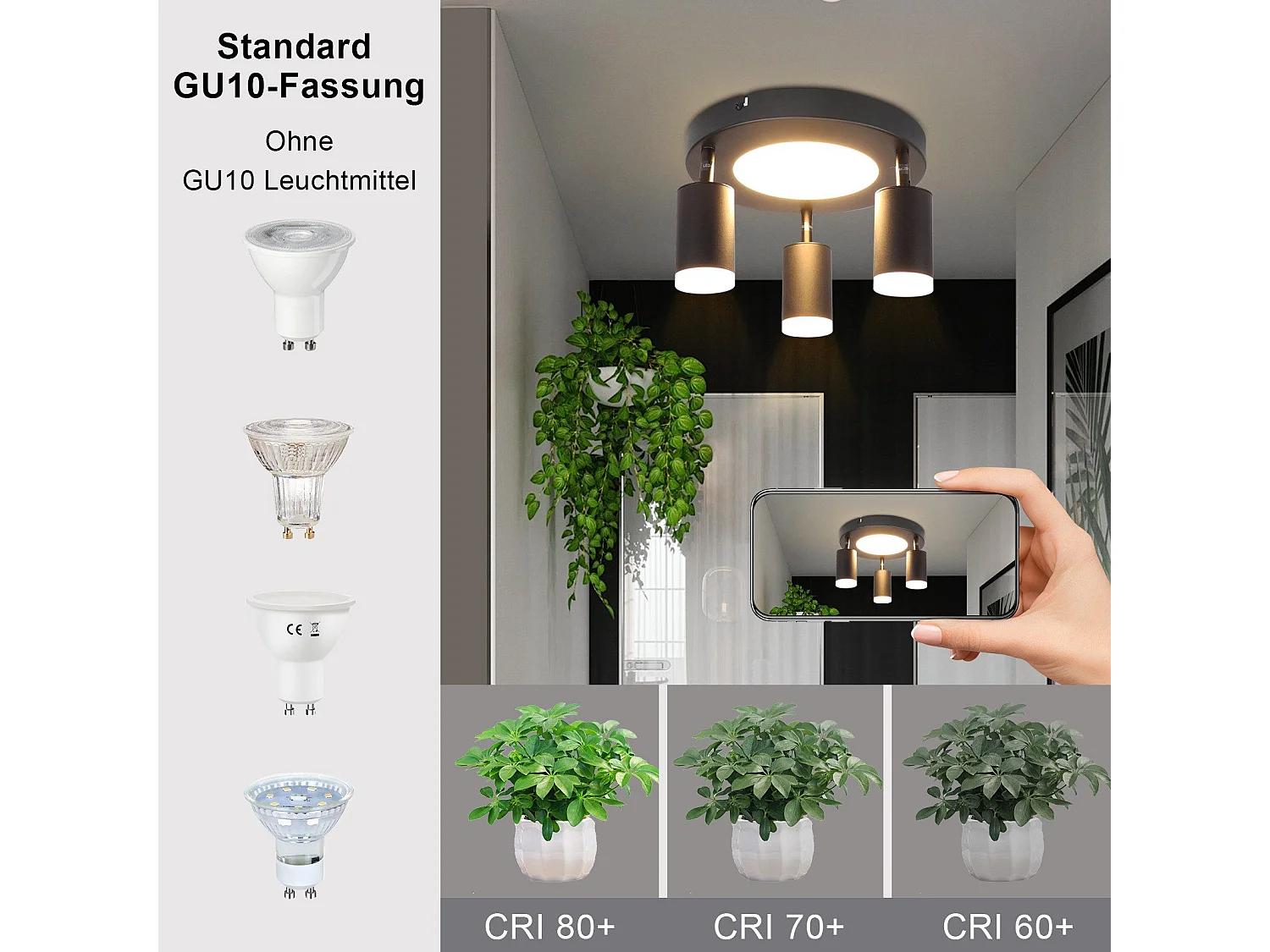 NETTLIFE Spot de plafond 3 ampoules GU10 20W chambre 3000k lampe cuisine noire orientable 350 orientable en métal