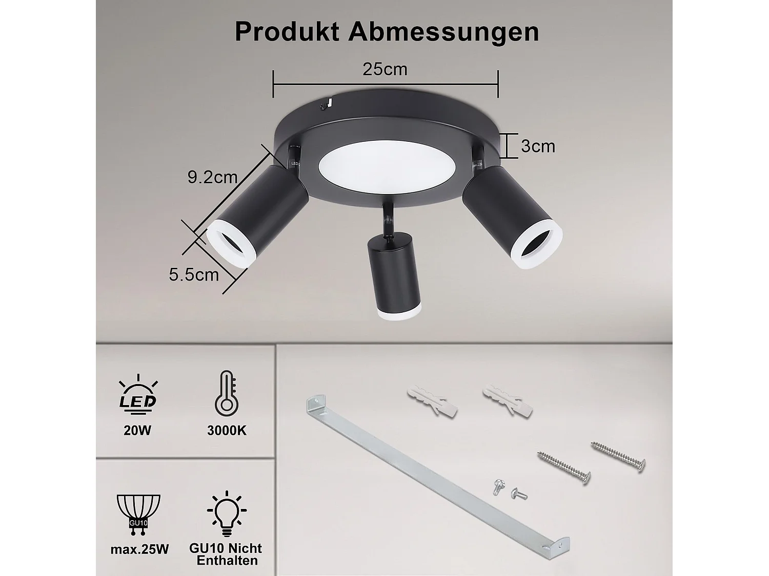 NETTLIFE Spot de plafond 3 ampoules GU10 20W chambre 3000k lampe cuisine noire orientable 350 orientable en métal