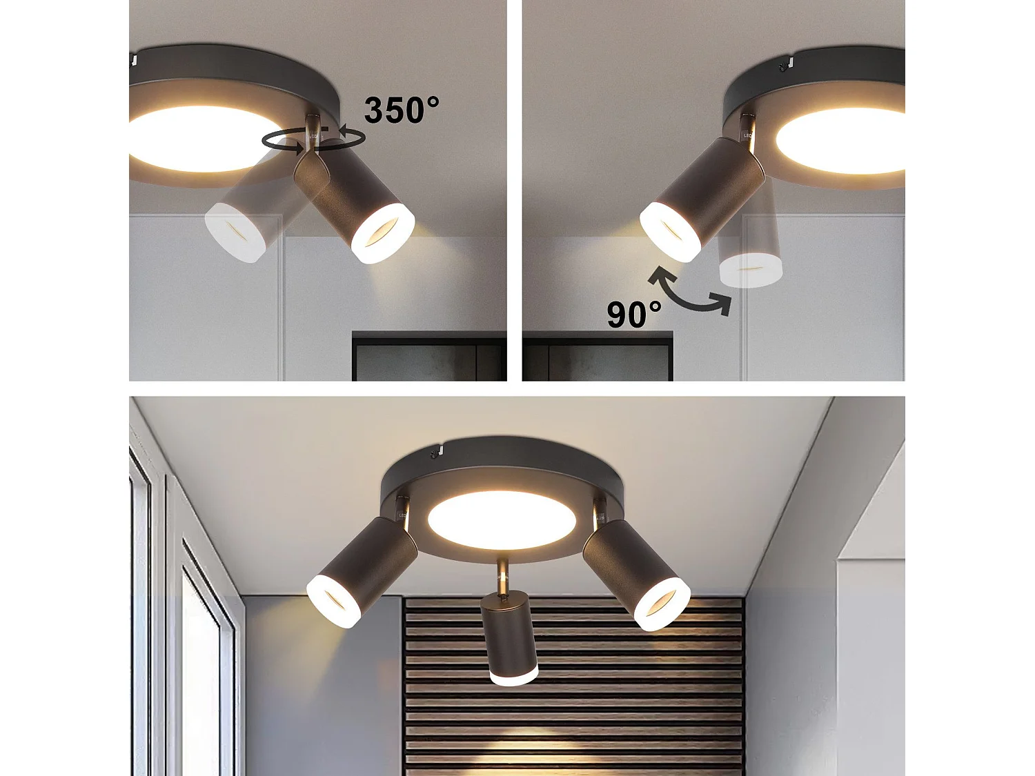 NETTLIFE Spot de plafond 3 ampoules GU10 20W chambre 3000k lampe cuisine noire orientable 350 orientable en métal