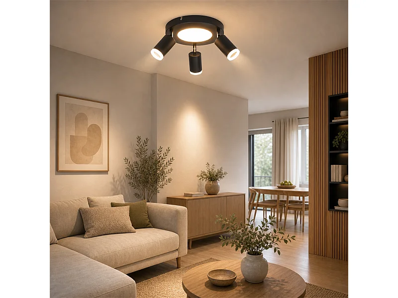 Faretto da soffitto NETTLIFE con 3 lampadine GU10 da 20W, 3000k, nero, orientabile a 350°, finitura metallica.