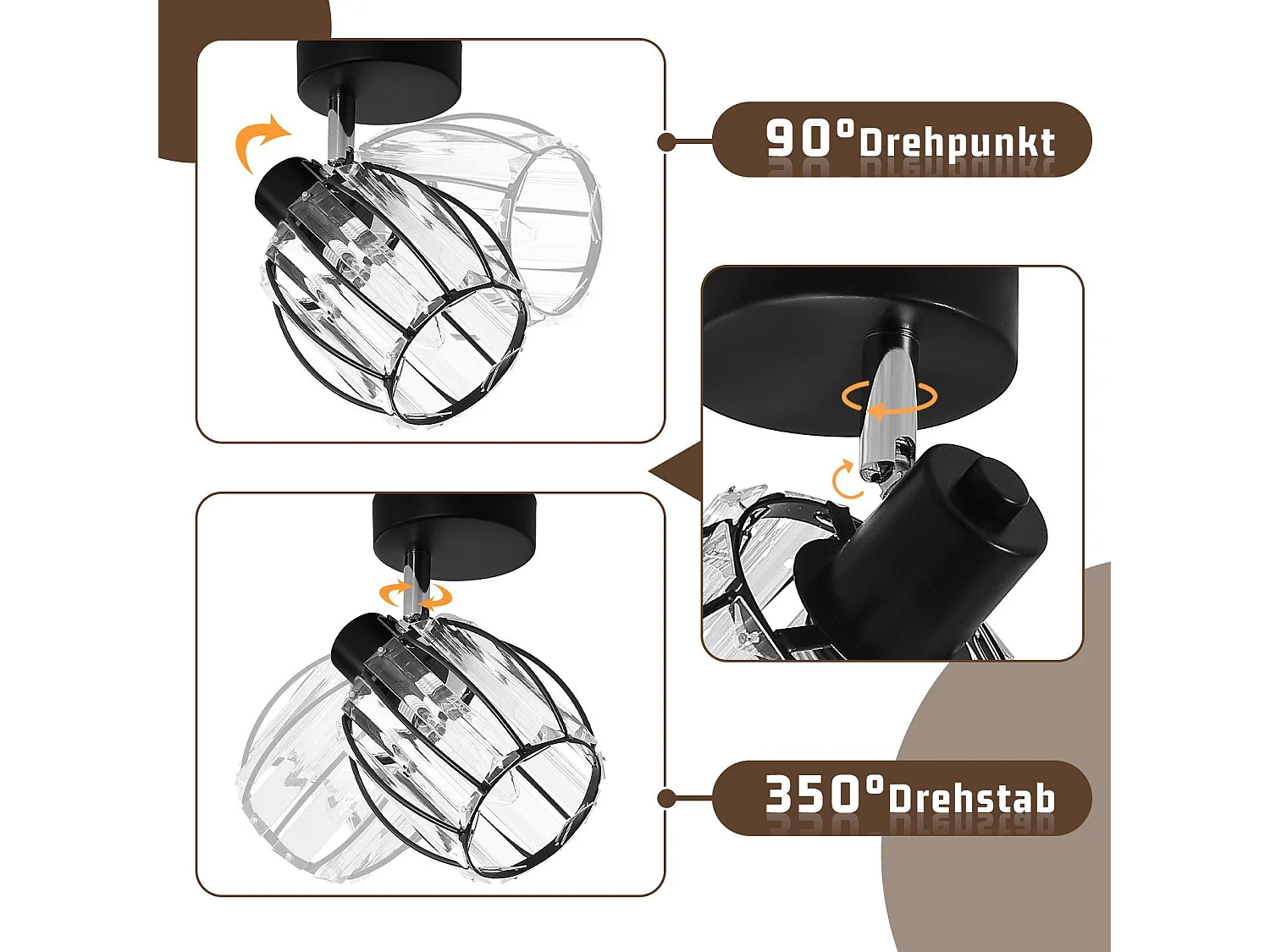 Spot De Plafond En Cristal Noir Vintage E14 Pour Couloir 350° Orientable Industriel Interchangeable