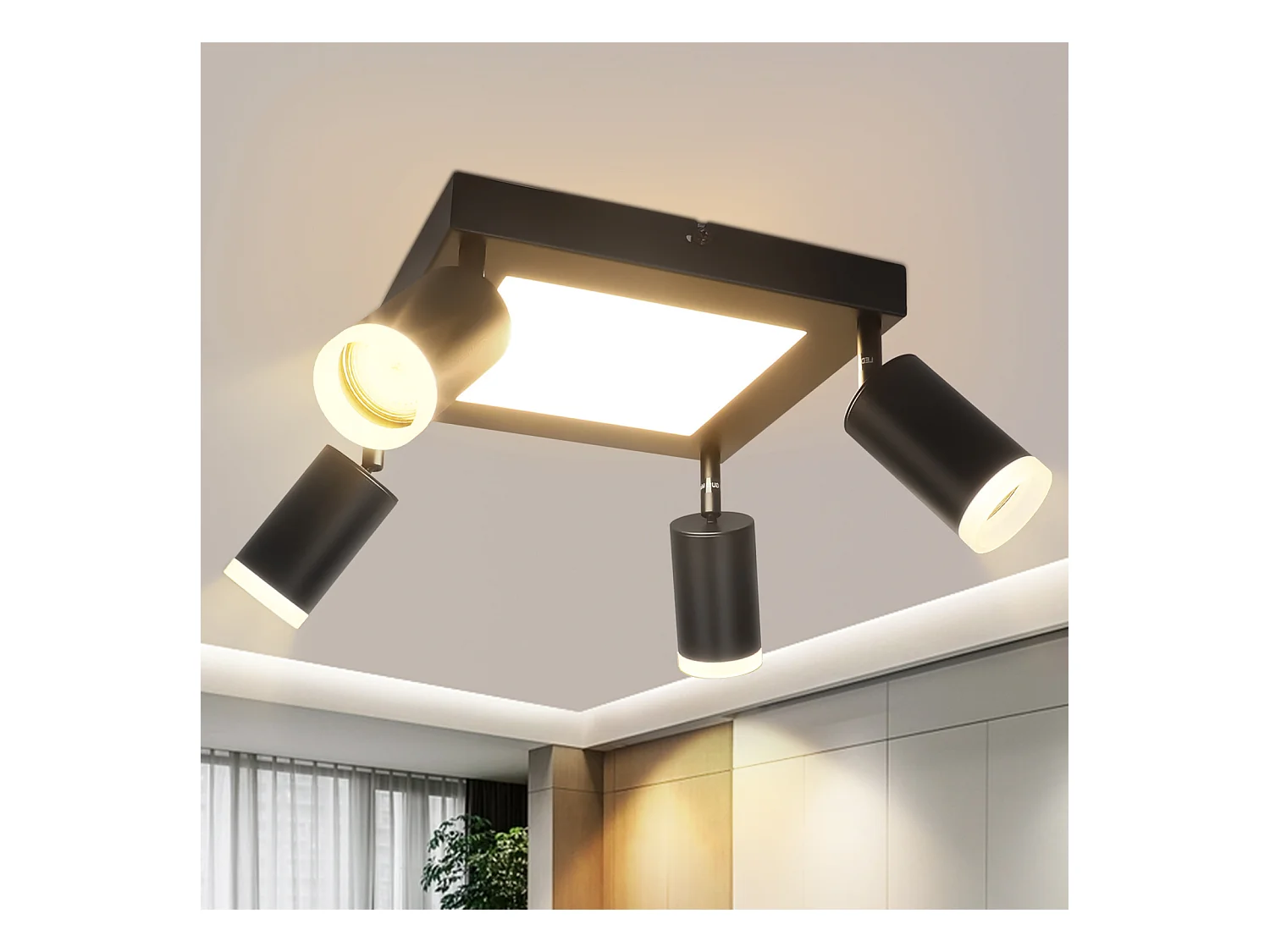 NETTLIFE Foco de techo 4 bombillas GU10 3000k 20W Lámpara de cocina negra Lámpara de pasillo giratoria blanca cálida