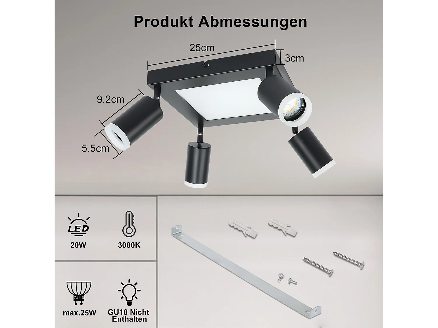 NETTLIFE Plafondspot 4 lampen GU10 3000k 20W Zwarte keukenlamp Warm wit Draaibare hallamp