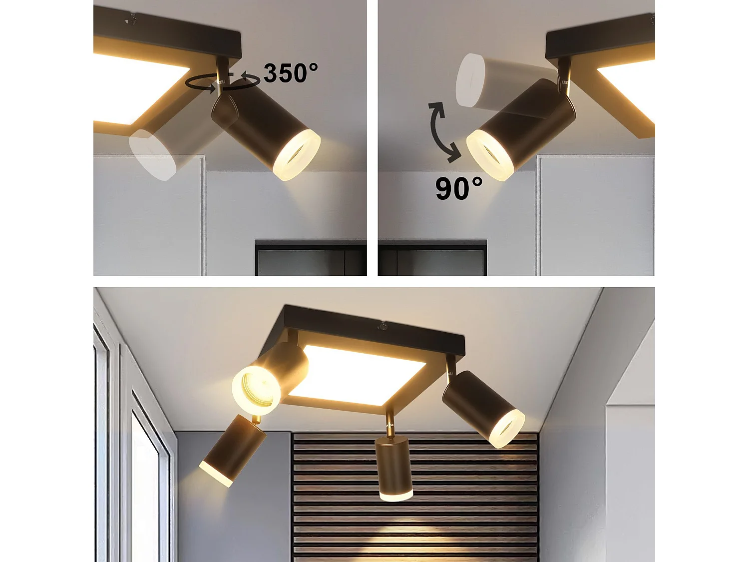 NETTLIFE Spot de plafond 4 ampoules GU10 3000k 20W lampe de cuisine noire blanc chaud lampe de couloir pivotante