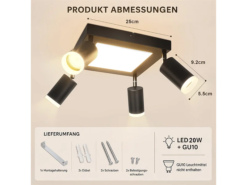 NETTLIFE Plafondspot 4 lampen GU10 3000k 20W Zwarte keukenlamp Warm wit Draaibare hallamp