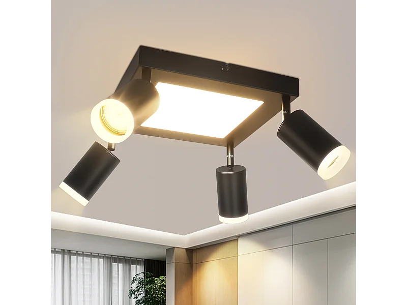 NETTLIFE Foco de techo 4 bombillas GU10 3000k 20W Lámpara de cocina negra Lámpara de pasillo giratoria blanca cálida