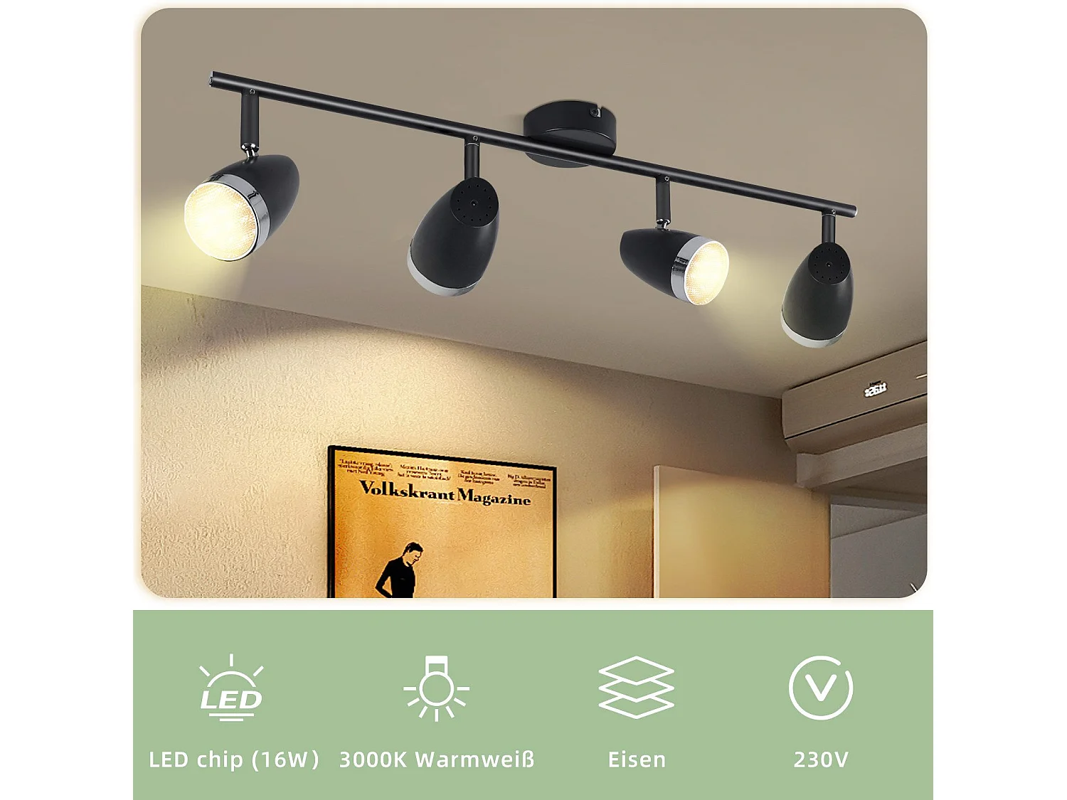 NETTLIFE Spot de plafond LED 4 ampoules moderne 4W noir 3000K orientable 350°