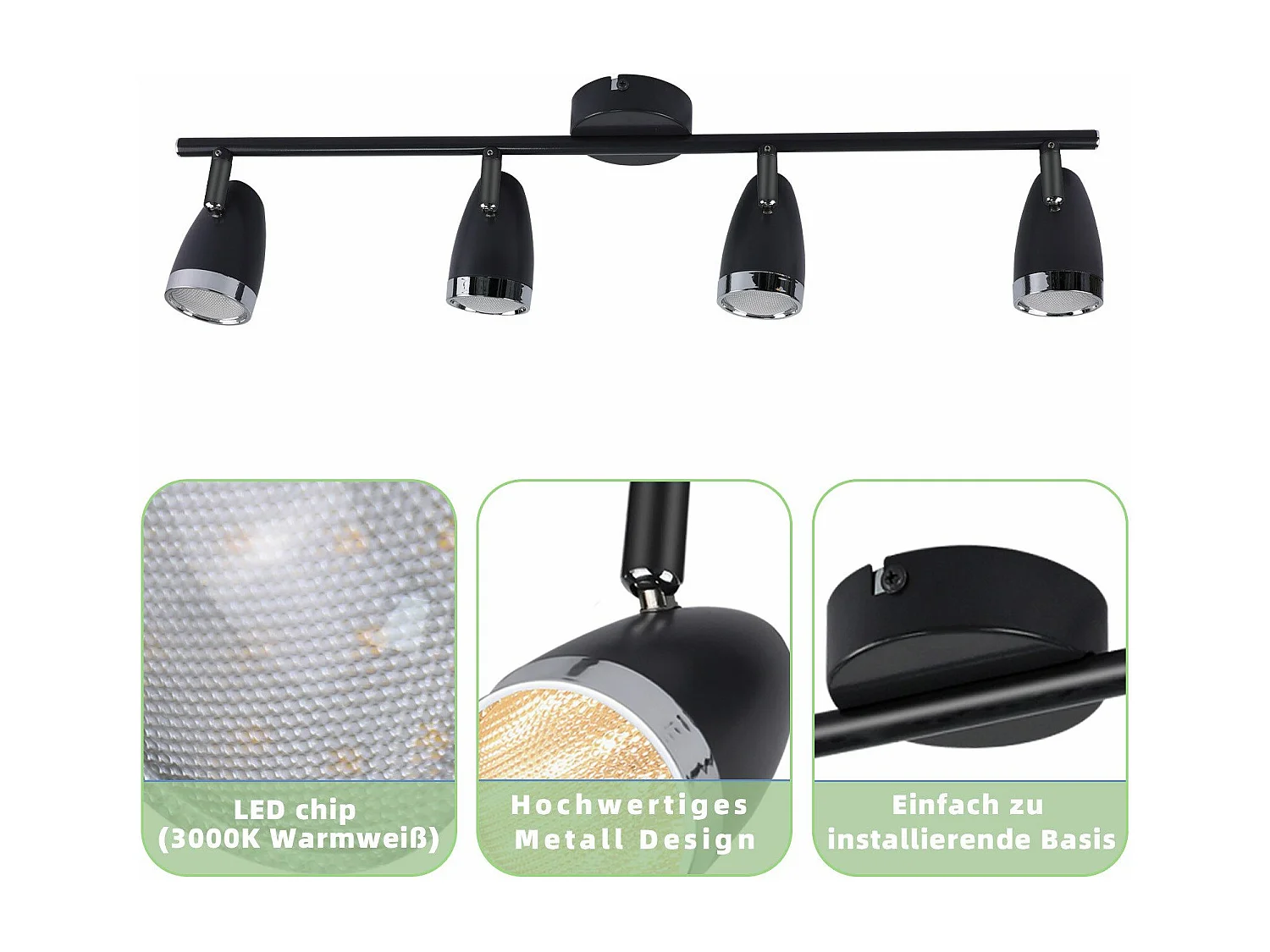 NETTLIFE Spot de plafond LED 4 ampoules moderne 4W noir 3000K orientable 350°