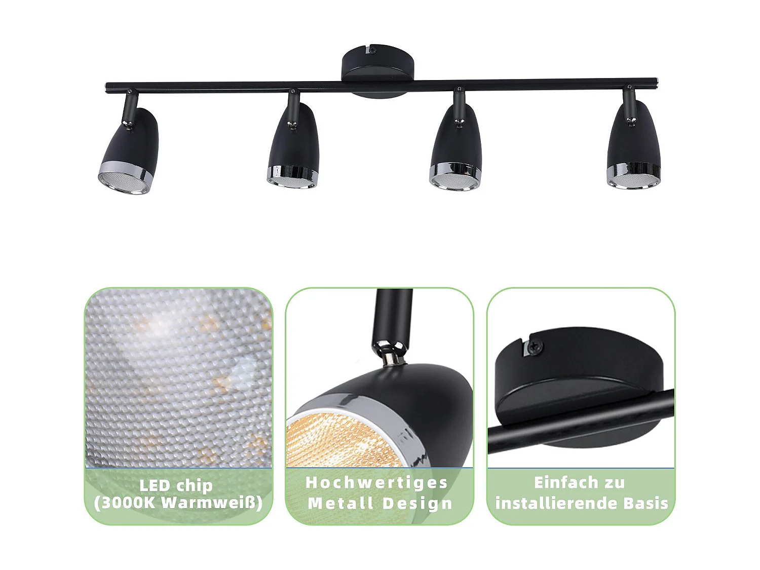 NETTLIFE Spot de plafond LED 4 ampoules moderne 4W noir 3000K orientable 350°