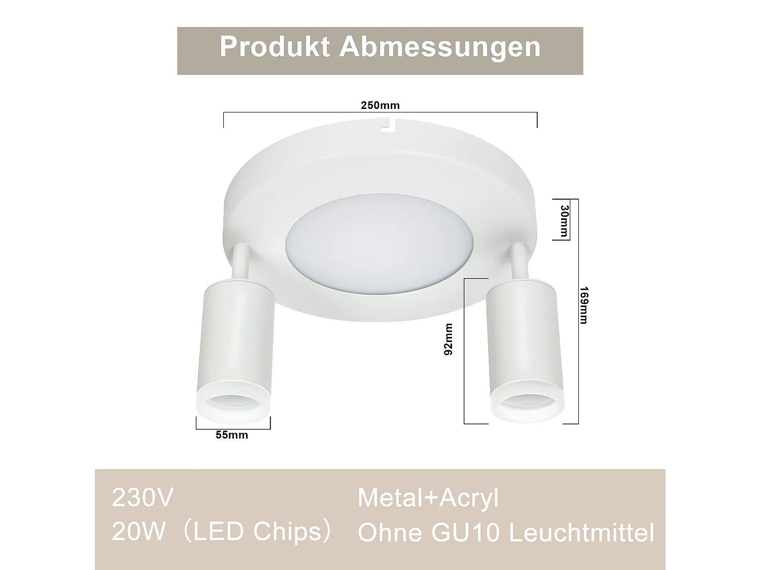 NETTLIFE Spot de plafond 2 ampoules GU10 20W chambre 3000k  Pivotant Pivotant en métal à 350°
