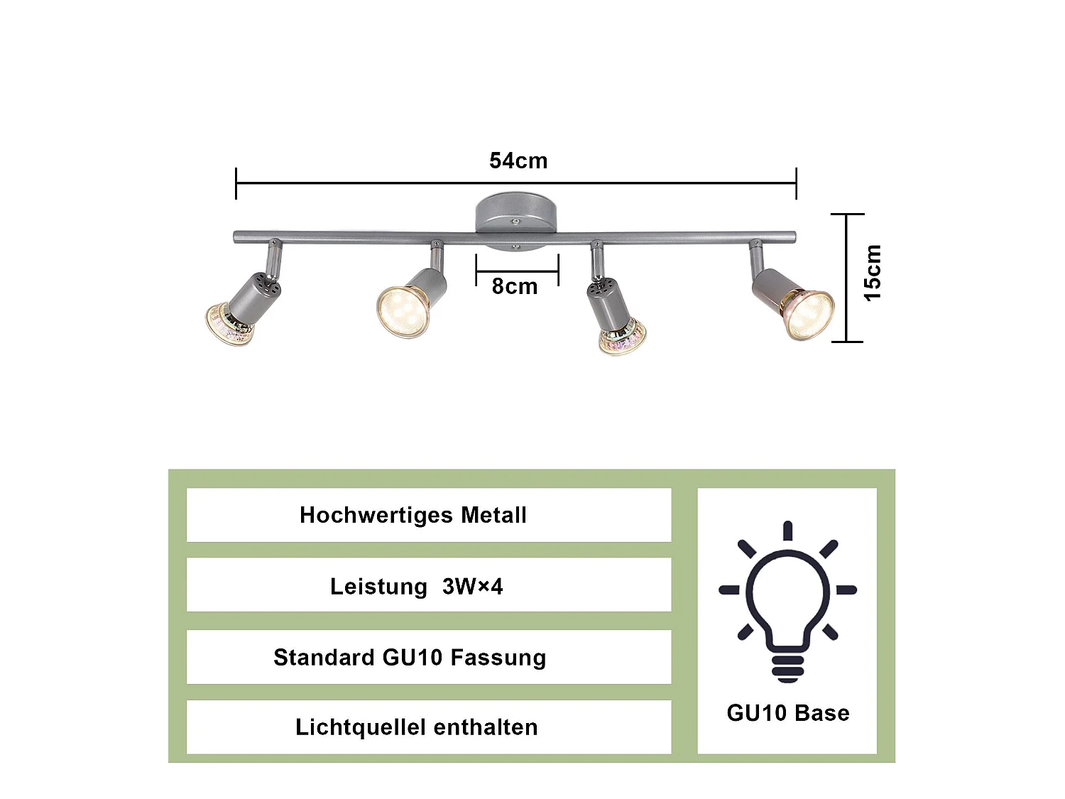 NETTLIFE Spot de plafond 4 flammes GU10 Plafonnier moderne couloir ampoule incluse orientable 350°