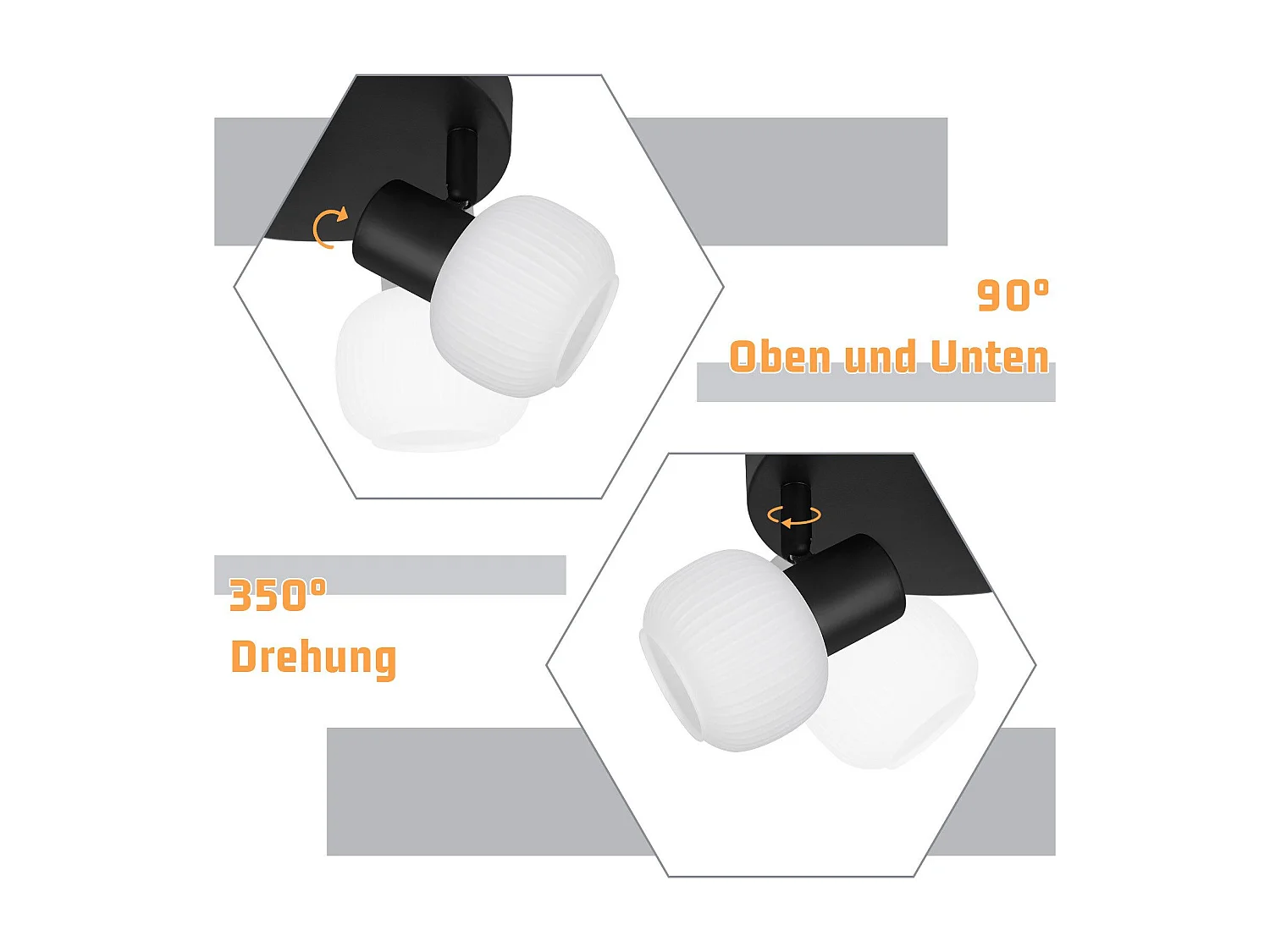 NETTLIFE Spot de plafond 2 abat-jour en verre E14 vintage sans ampoule noir orientable 350°