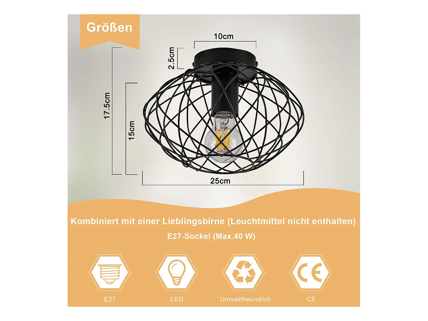 NETTLIFE Zwarte kooi plafondlamp vintage plafondspot E27 metalen fitting