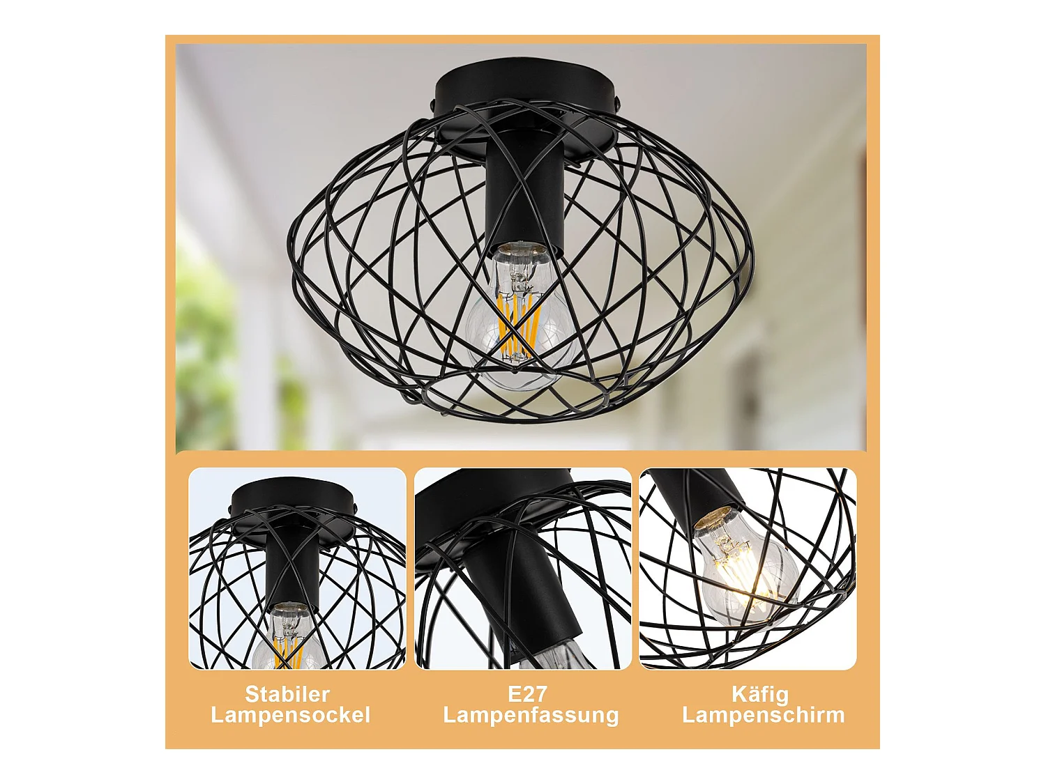 NETTLIFE Zwarte kooi plafondlamp vintage plafondspot E27 metalen fitting