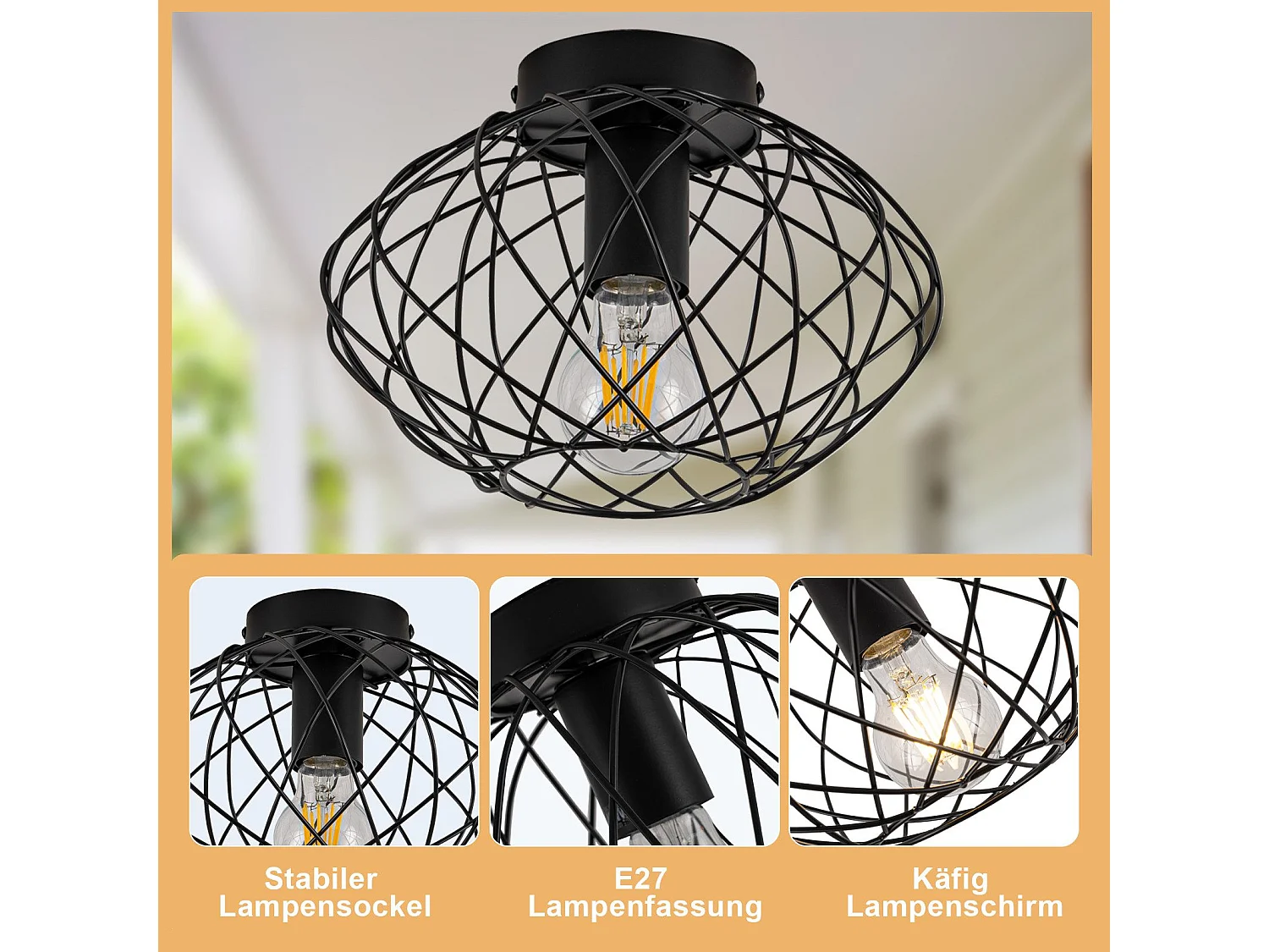 NETTLIFE Plafonnier cage noire spot de plafond vintage E27 douille métal