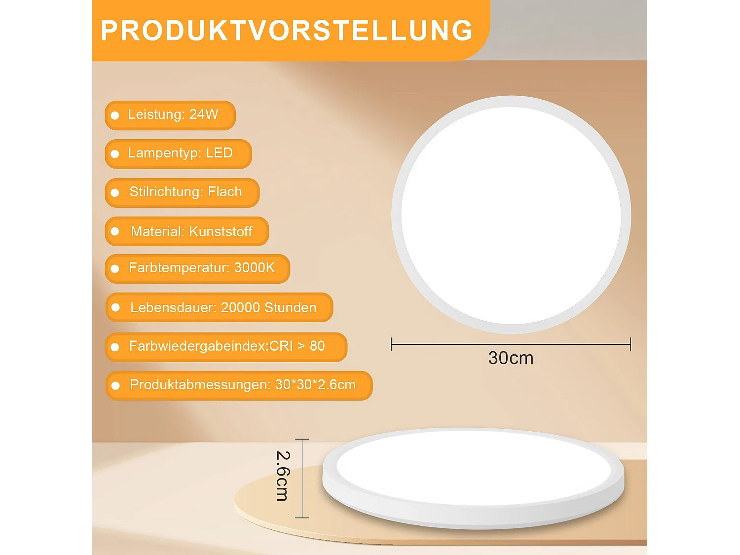 NETTLIFE Plafonnier LED Salle de bain Plat 30CM 24W Rond Blanc Plafonnier Cuisine Non-variable