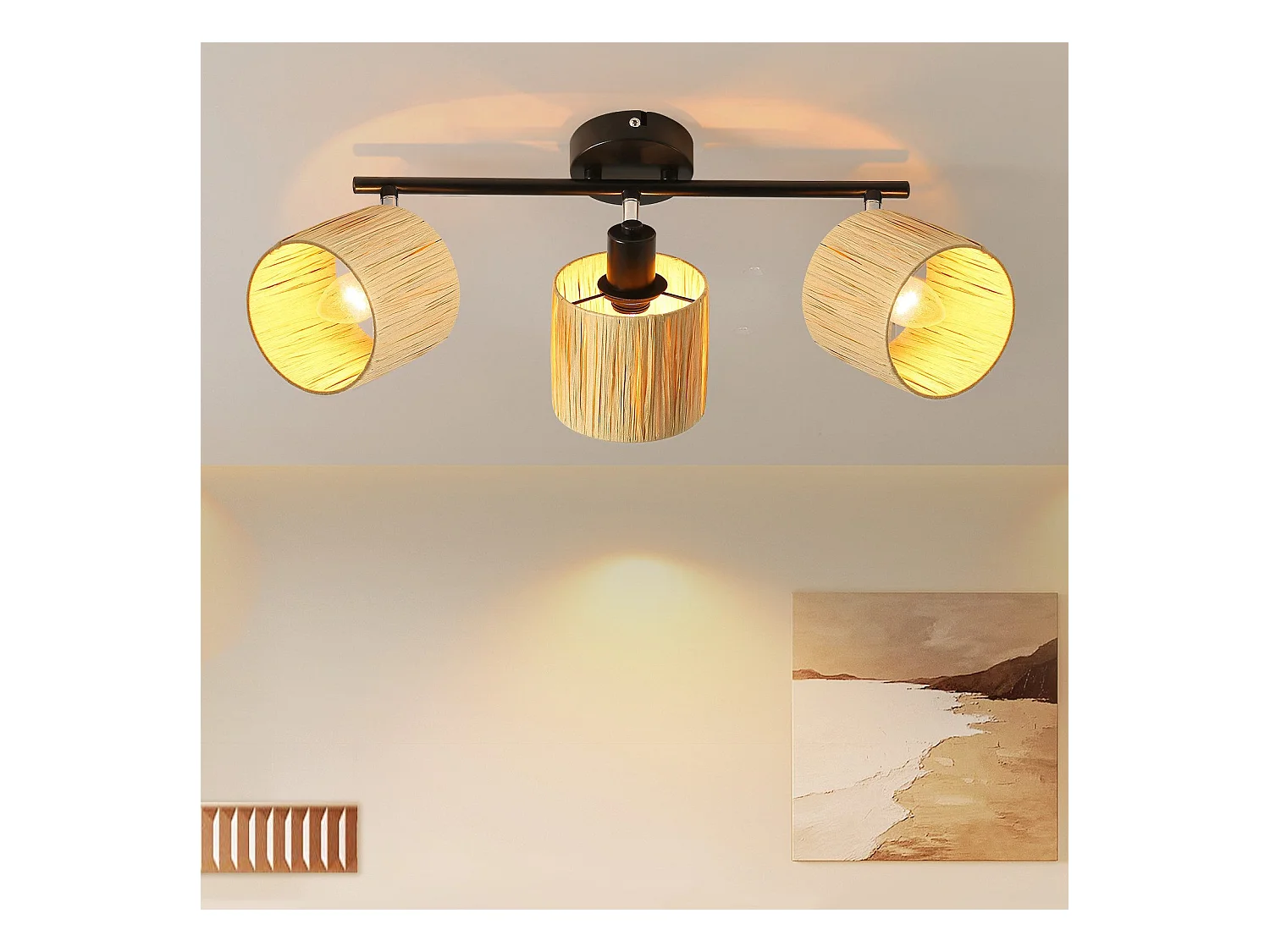 Spot De Plafond 3 Flammes E14 Noir Naturel Plafonnier Papier Salon