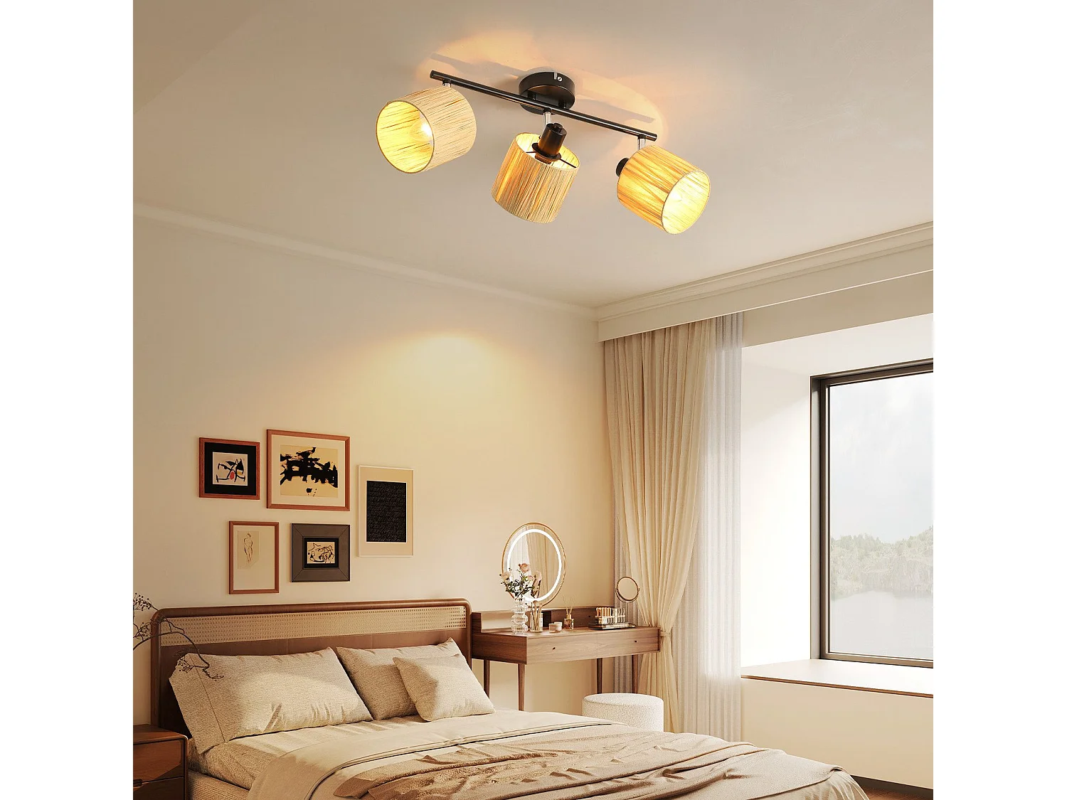 Spot De Plafond 3 Flammes E14 Noir Naturel Plafonnier Papier Salon