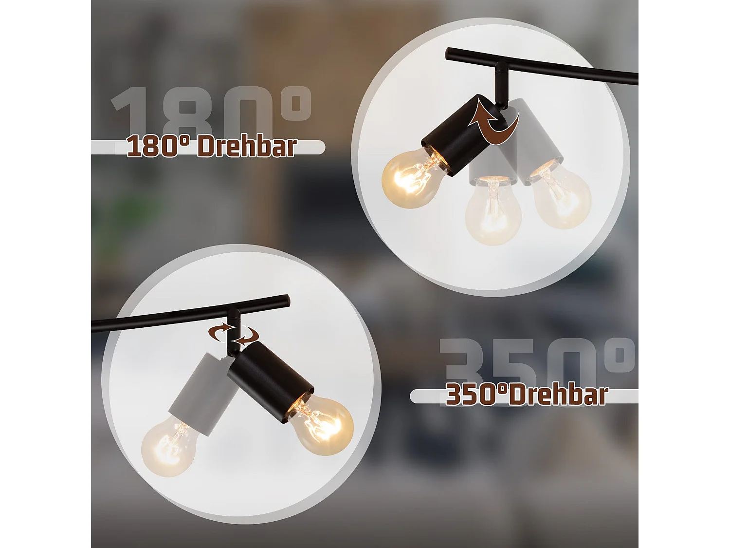 Spot De Plafond Vintage Noir 4 Flammes E27 Pivotant 350° Industriel Pivotant