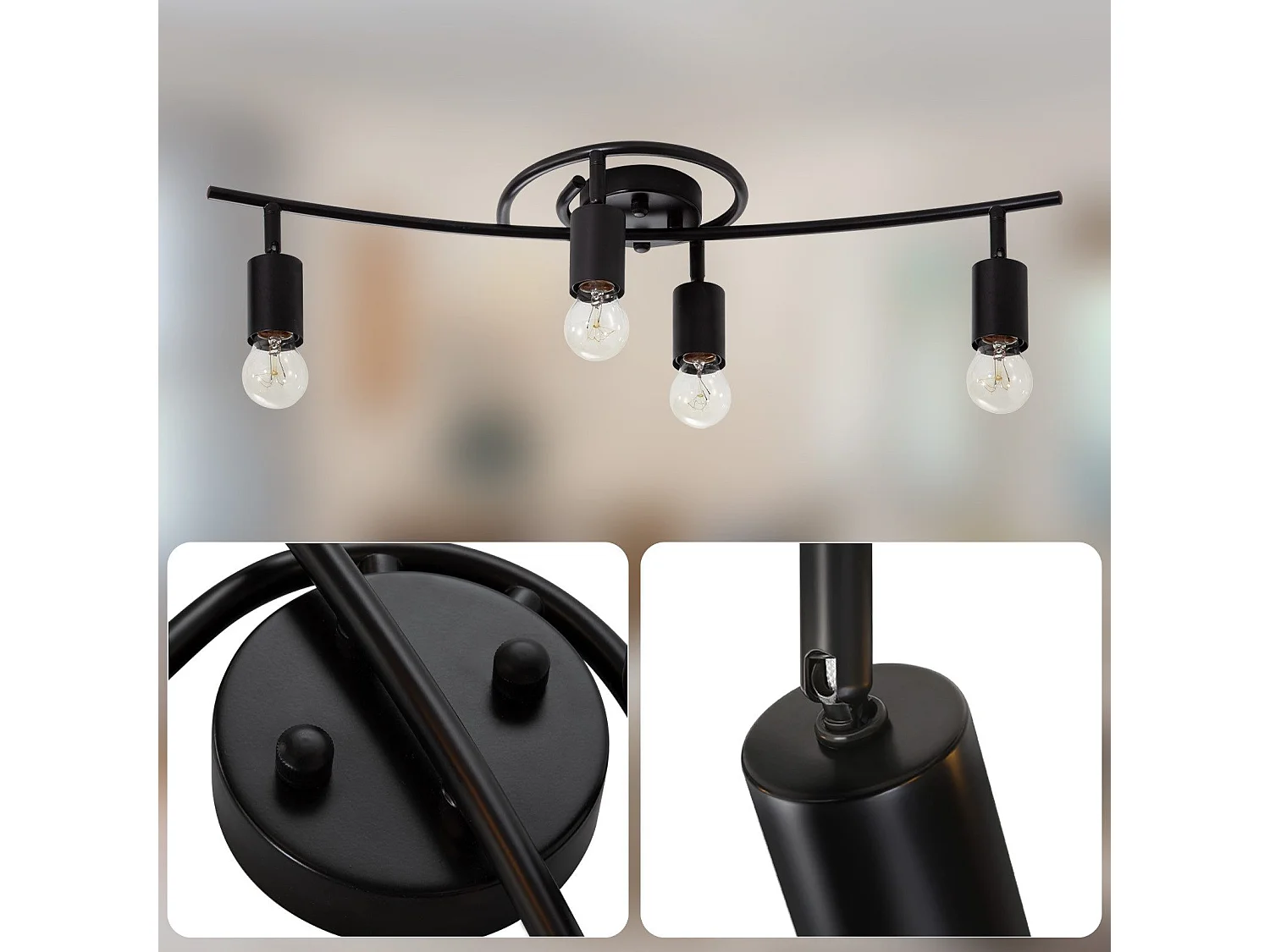 Spot De Plafond Vintage Noir 4 Flammes E27 Pivotant 350° Industriel Pivotant