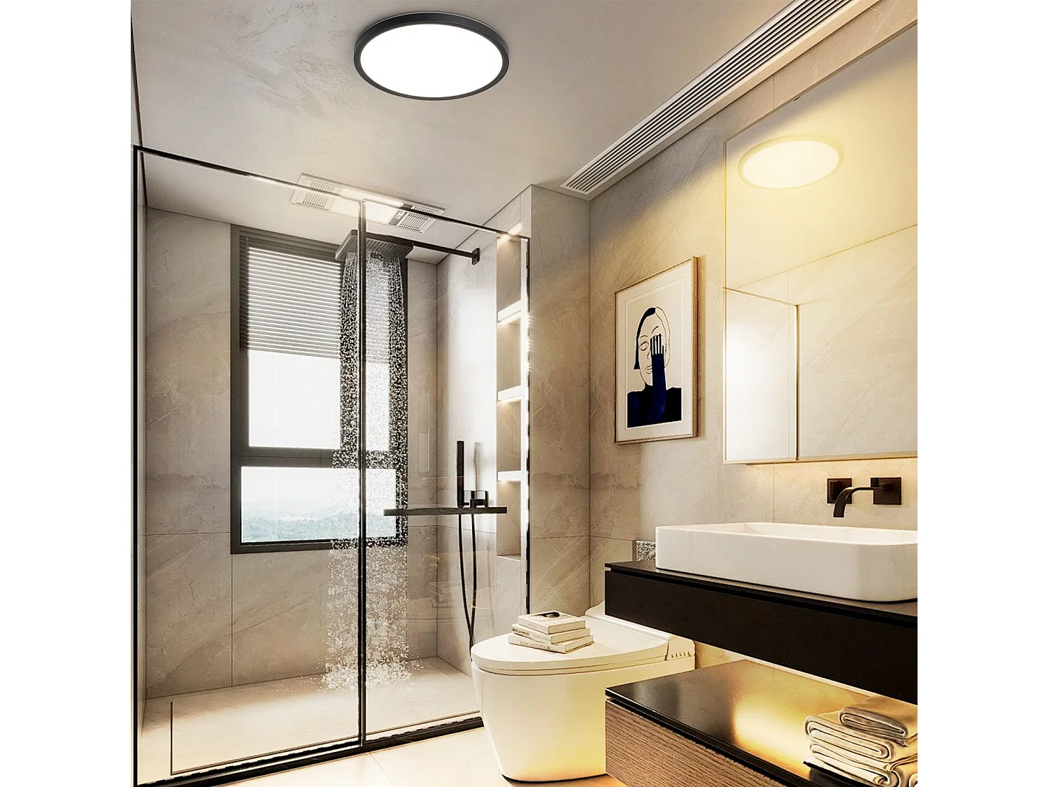 NETTLIFE Plafonnier LED salle de bain plat 30CM 24W rond blanc éclairage de plafond cuisine