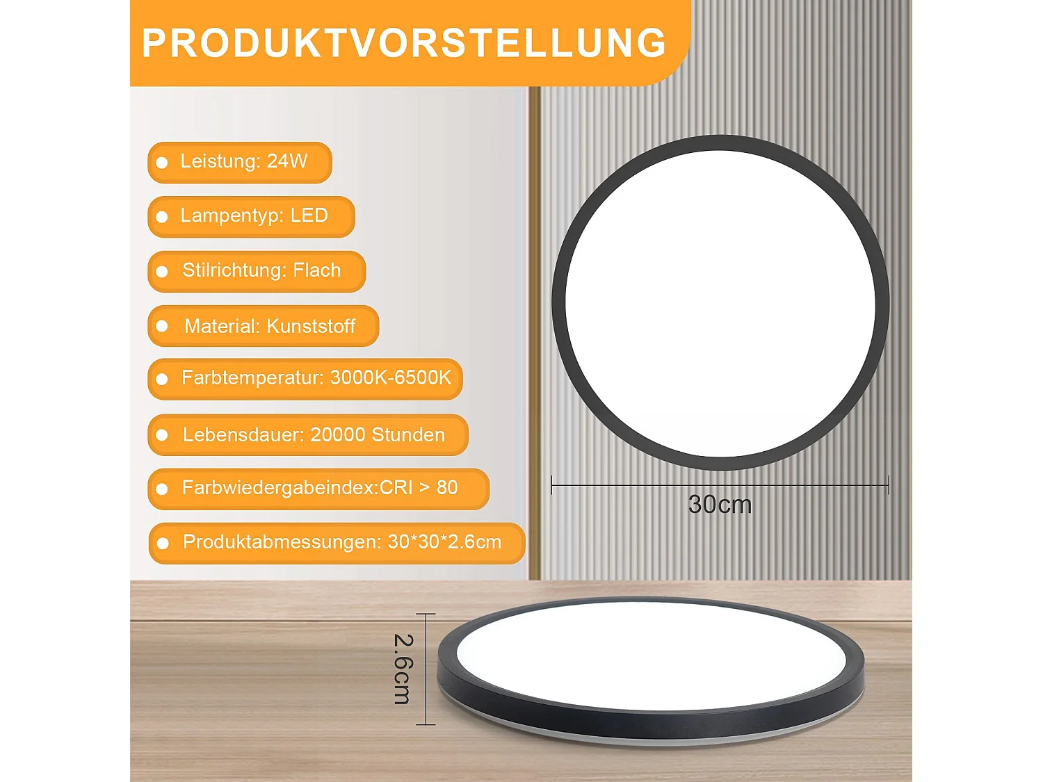 NETTLIFE Plafonnier LED salle de bain plat 30CM 24W rond blanc éclairage de plafond cuisine