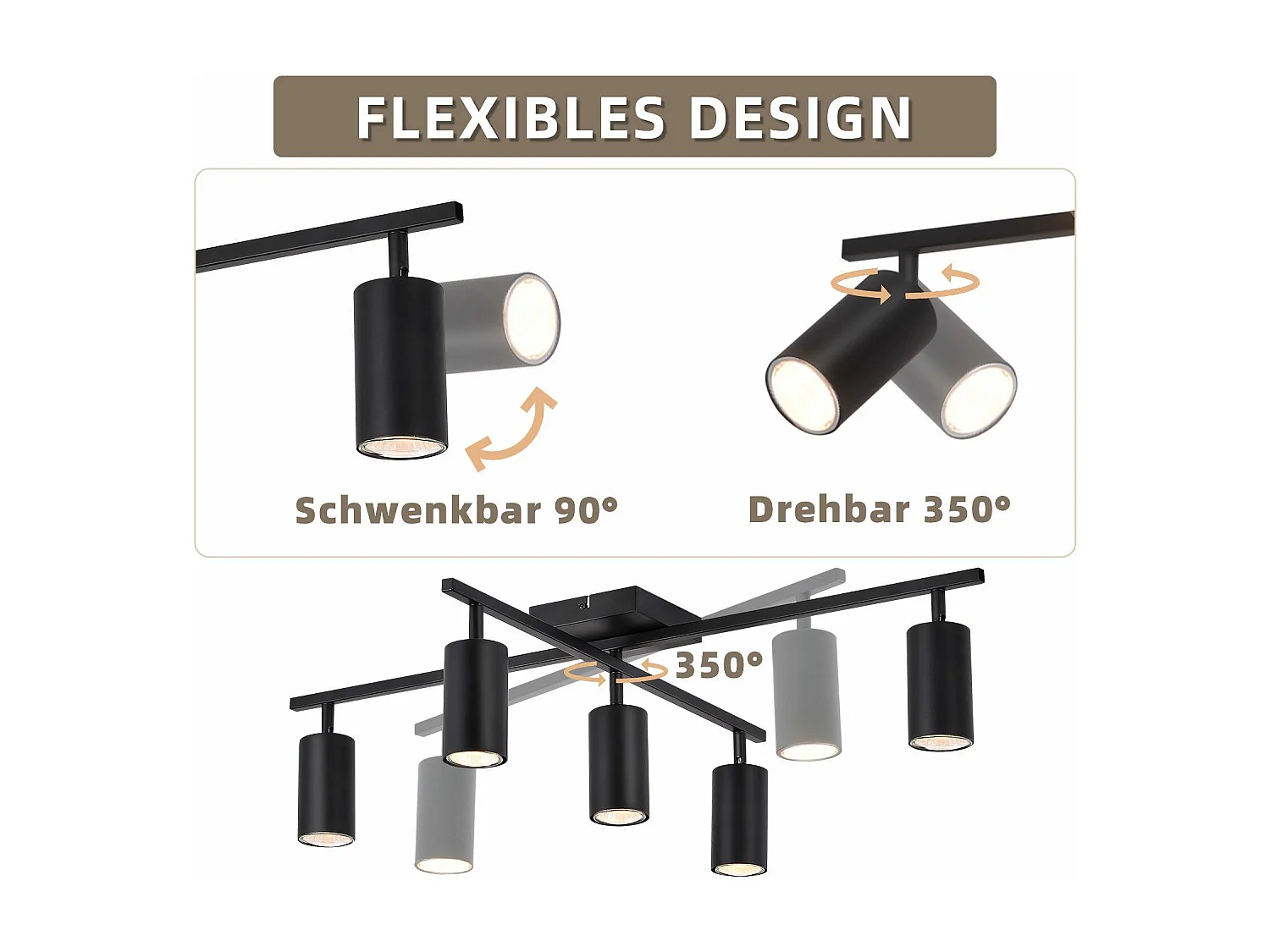 NETTLIFE Spot de plafond noir, plafonnier à 5 lampes GU10, lampe de salon moderne pour cuisine et chambre à coucher