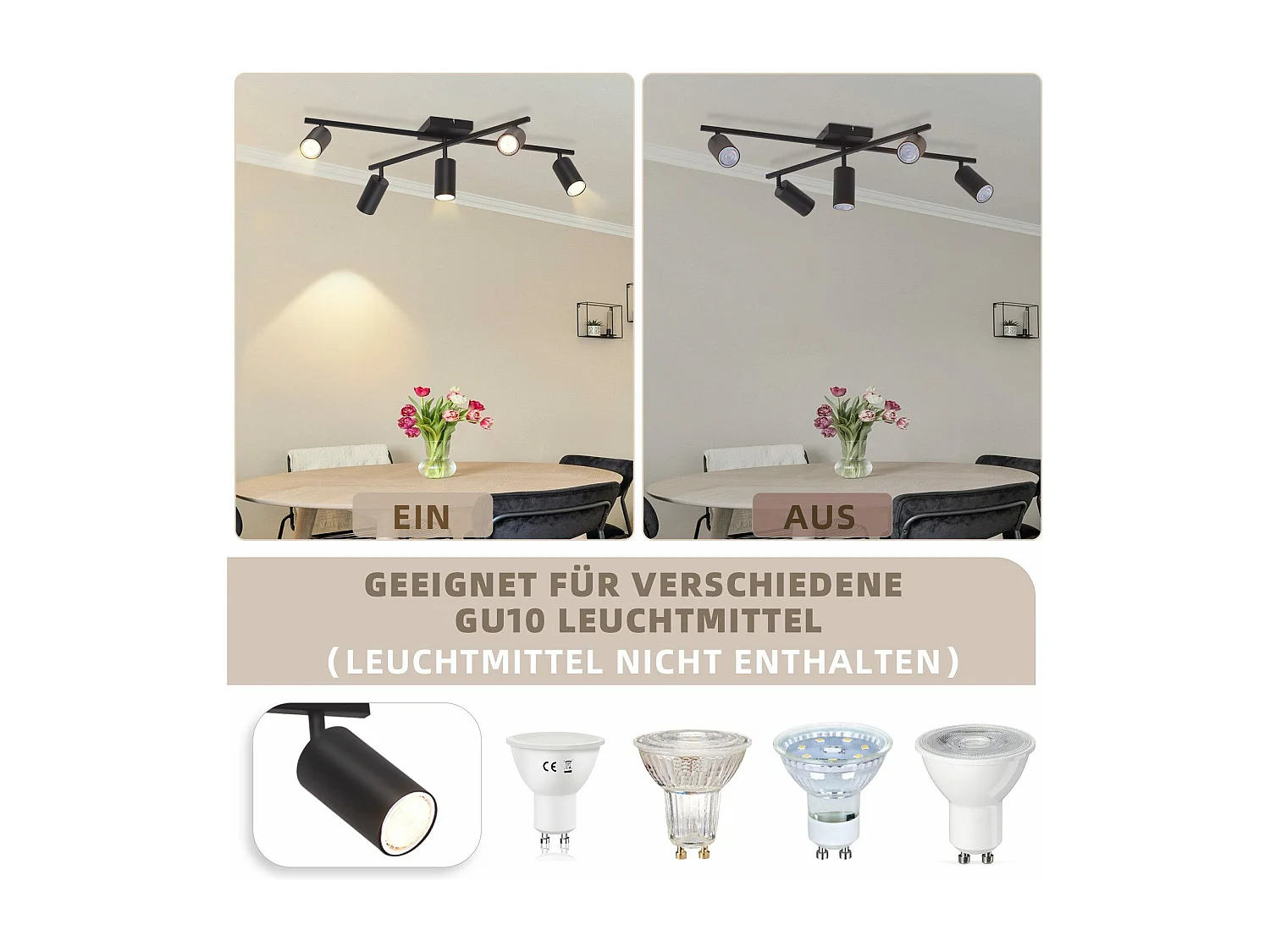 NETTLIFE Spot de plafond noir, plafonnier à 5 lampes GU10, lampe de salon moderne pour cuisine et chambre à coucher