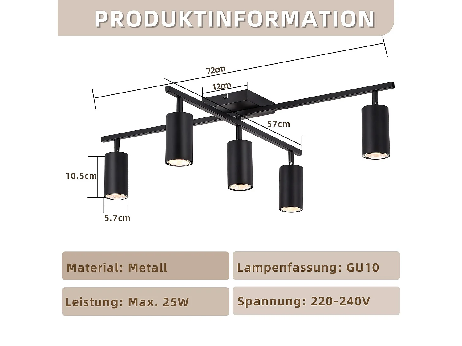 NETTLIFE Spot de plafond noir, plafonnier à 5 lampes GU10, lampe de salon moderne pour cuisine et chambre à coucher