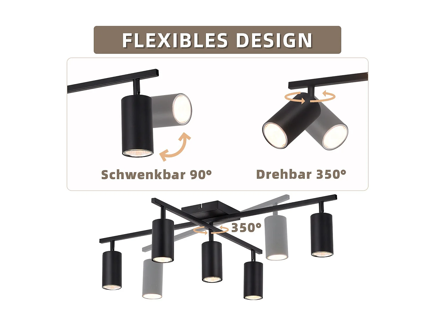 NETTLIFE Spot de plafond noir, plafonnier à 5 lampes GU10, lampe de salon moderne pour cuisine et chambre à coucher