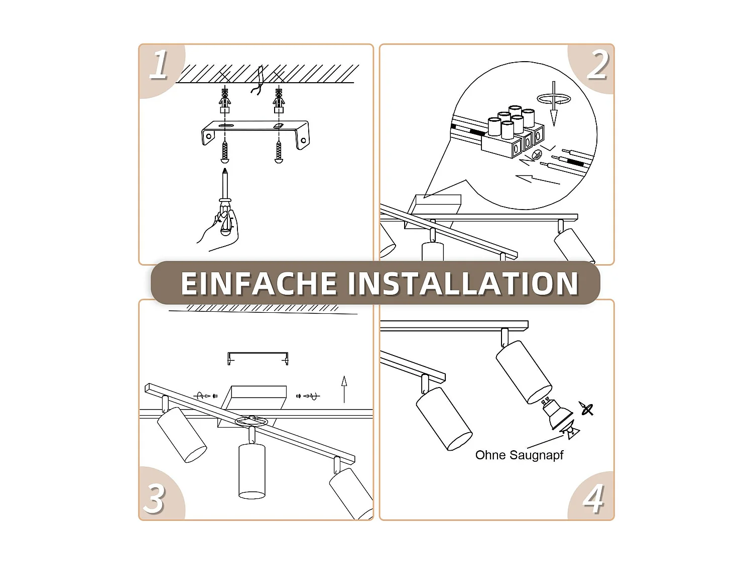NETTLIFE Spot de plafond noir, plafonnier à 5 lampes GU10, lampe de salon moderne pour cuisine et chambre à coucher