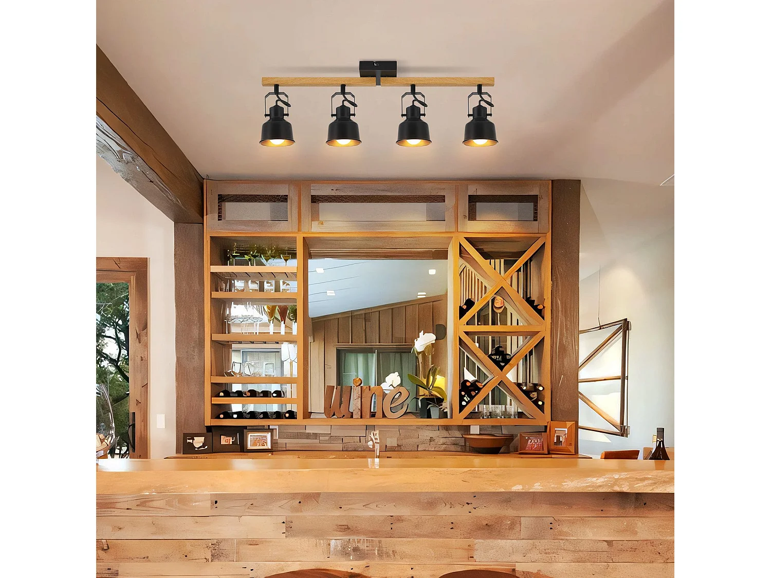 NETTLIFE Spot de Plafond 4 Flammes Orientable à 350° Vintage  E14 de conception de haute qualité en bois veiné