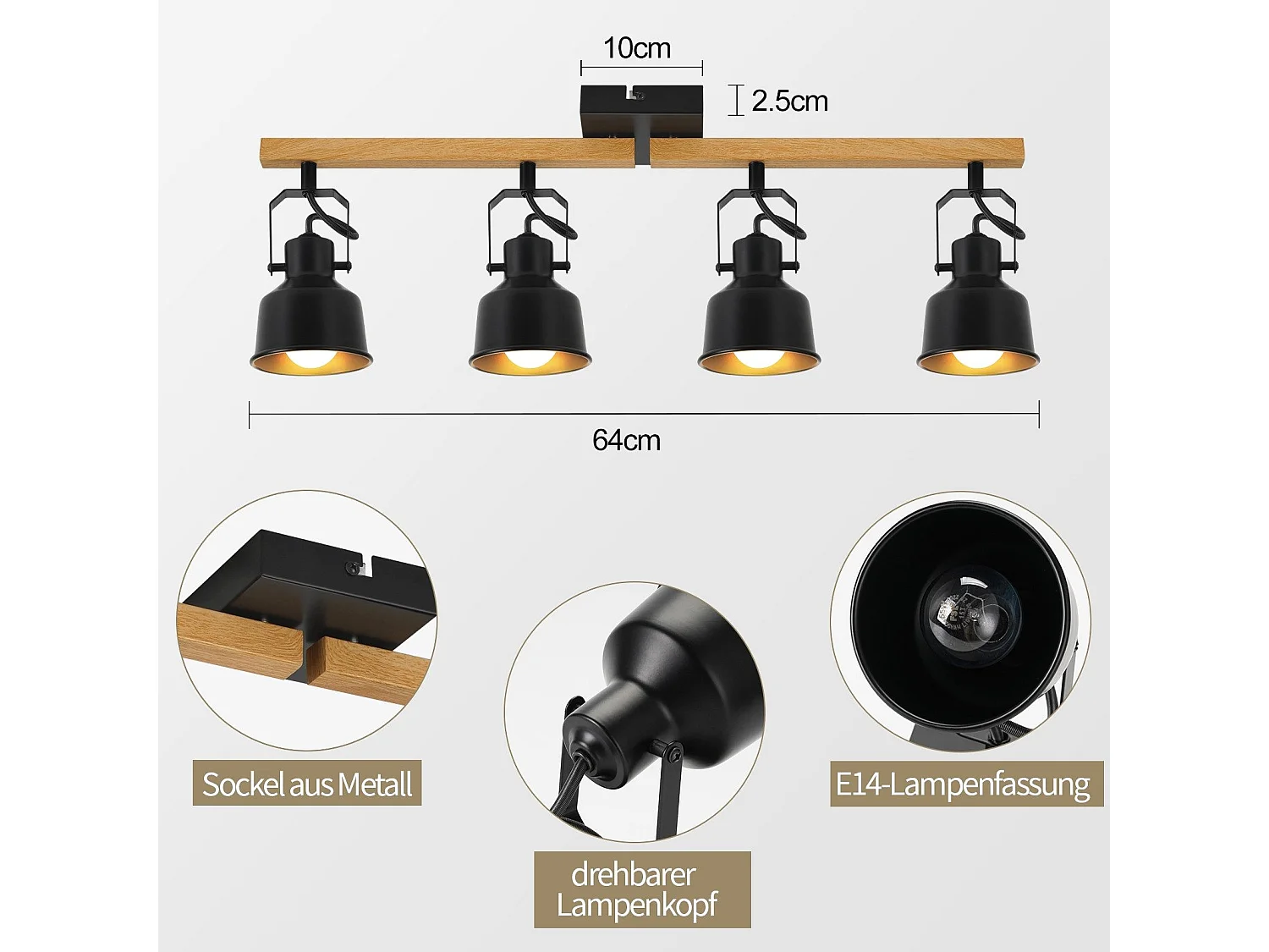 NETTLIFE Spot de Plafond 4 Flammes Orientable à 350° Vintage  E14 de conception de haute qualité en bois veiné