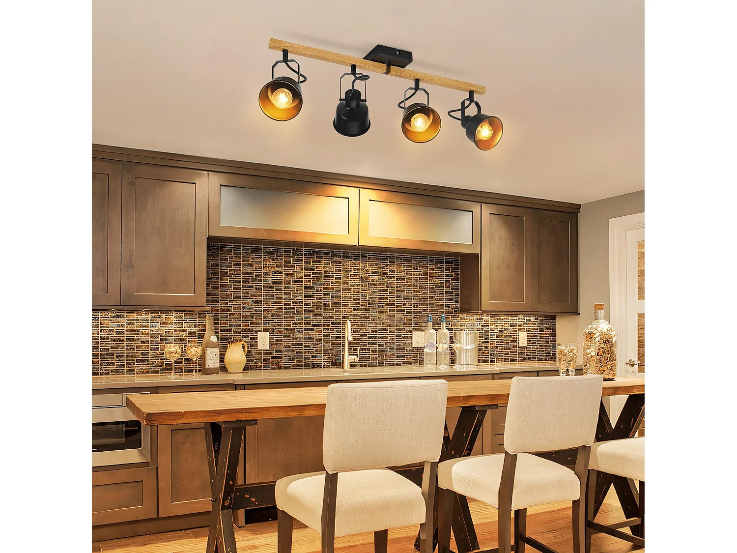 NETTLIFE Spot de Plafond 4 Flammes Orientable à 350° Vintage  E14 de conception de haute qualité en bois veiné