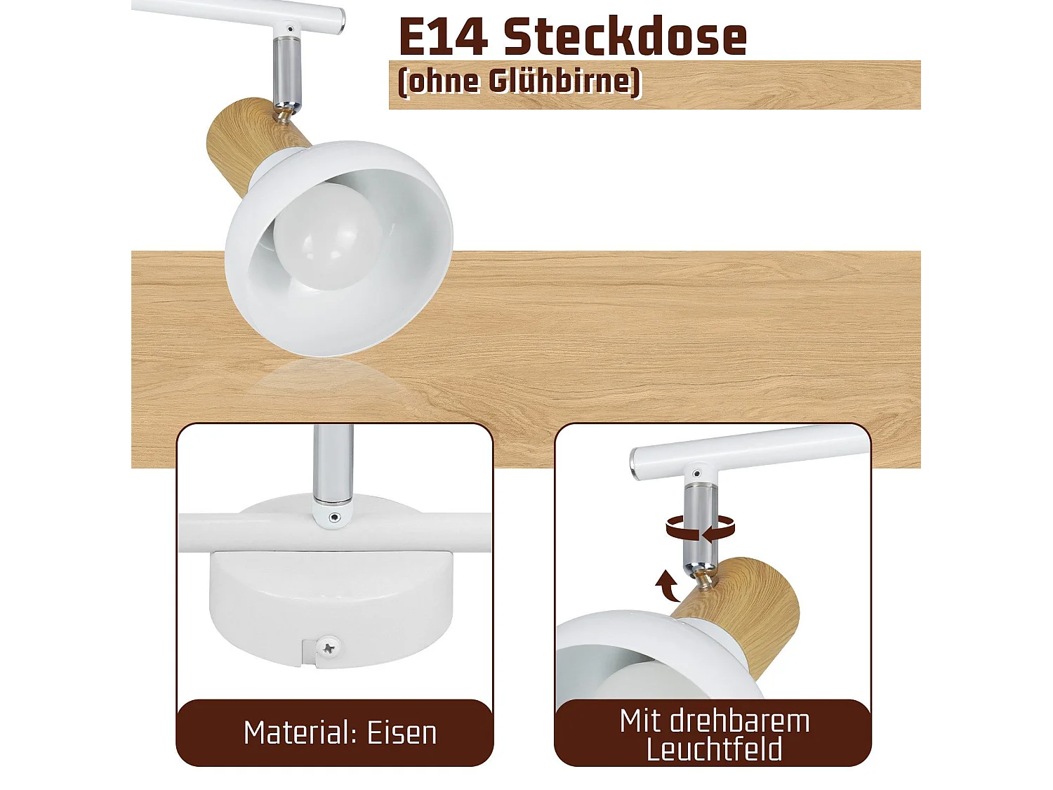 NETTLIFE Spot de plafond vintage E14 intérieur industriel abat-jour en fer orientable sans ampoule