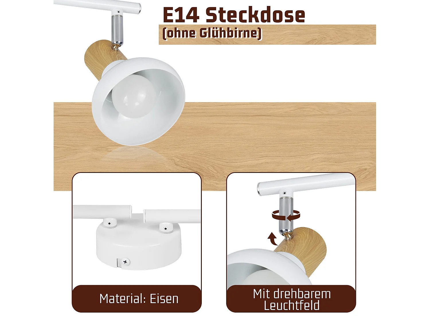 NETTLIFE Spot de plafond vintage E14 intérieur orientable à 350° blanc 4 ampoules rond pour salon d'hôtel