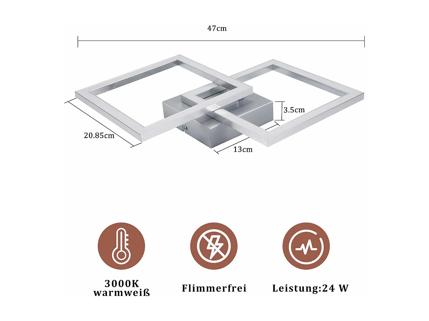 NETTLIFE Plafonnier LED carré argenté moderne pour chambre à coucher 24 W en métal 3000 K blanc chaud pour couloir
