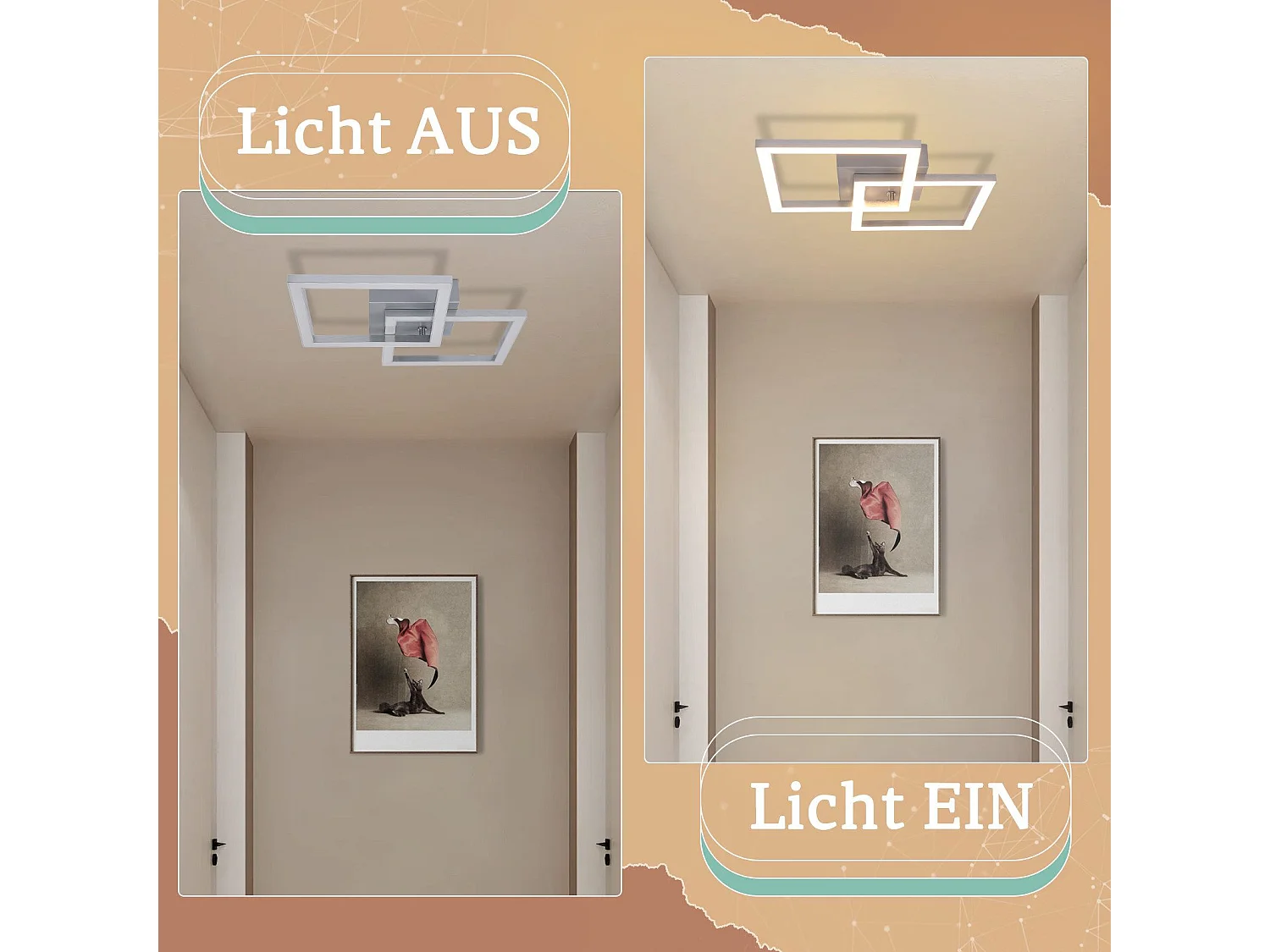 NETTLIFE Moderne silberne quadratische LED-Deckenleuchte für Schlafzimmer, 24 W, Metall, 3000 K, Warmweiß, für Flur