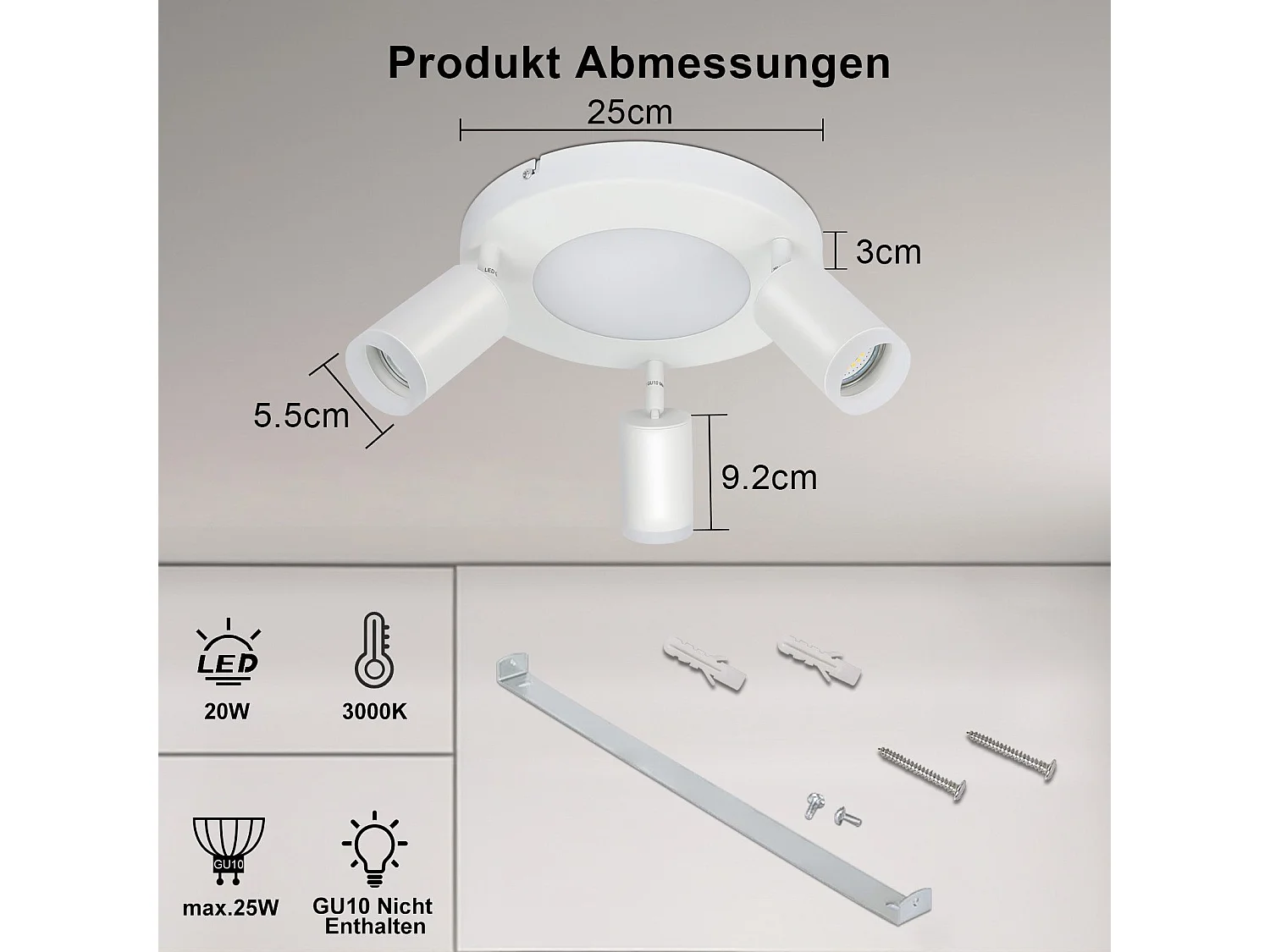 NETTLIFE Spot de plafond 3 ampoules GU10 20W chambre 3000k lampe de cuisine métal orientable