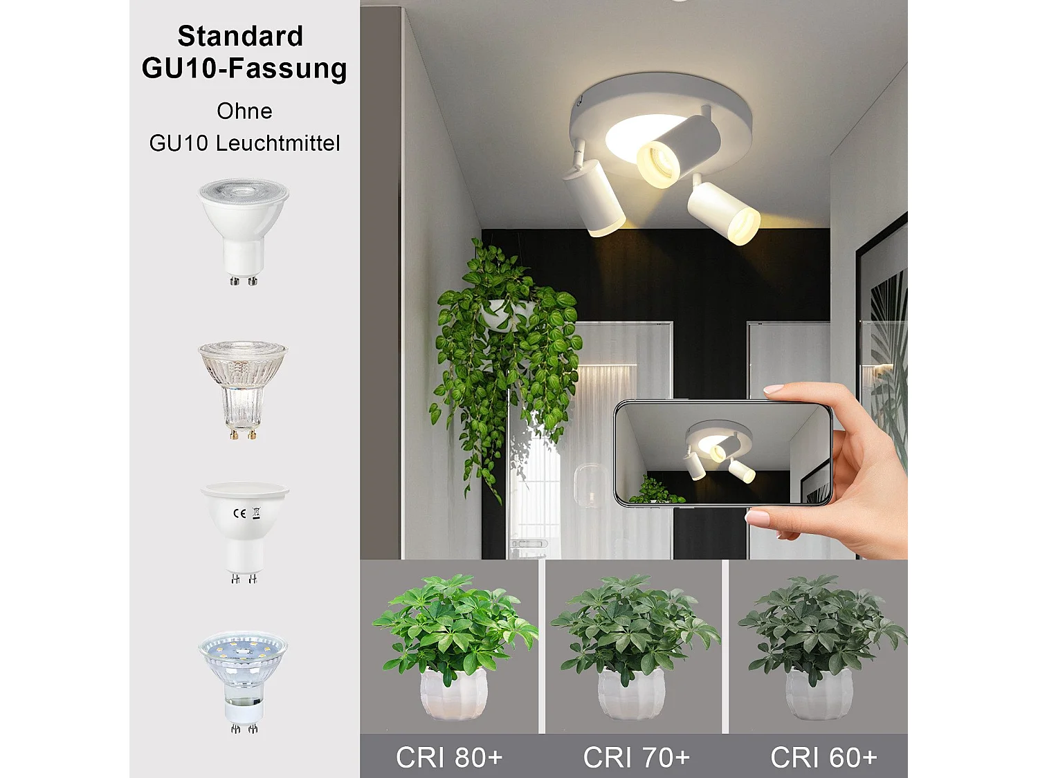 NETTLIFE Spot de plafond 3 ampoules GU10 20W chambre 3000k lampe de cuisine métal orientable